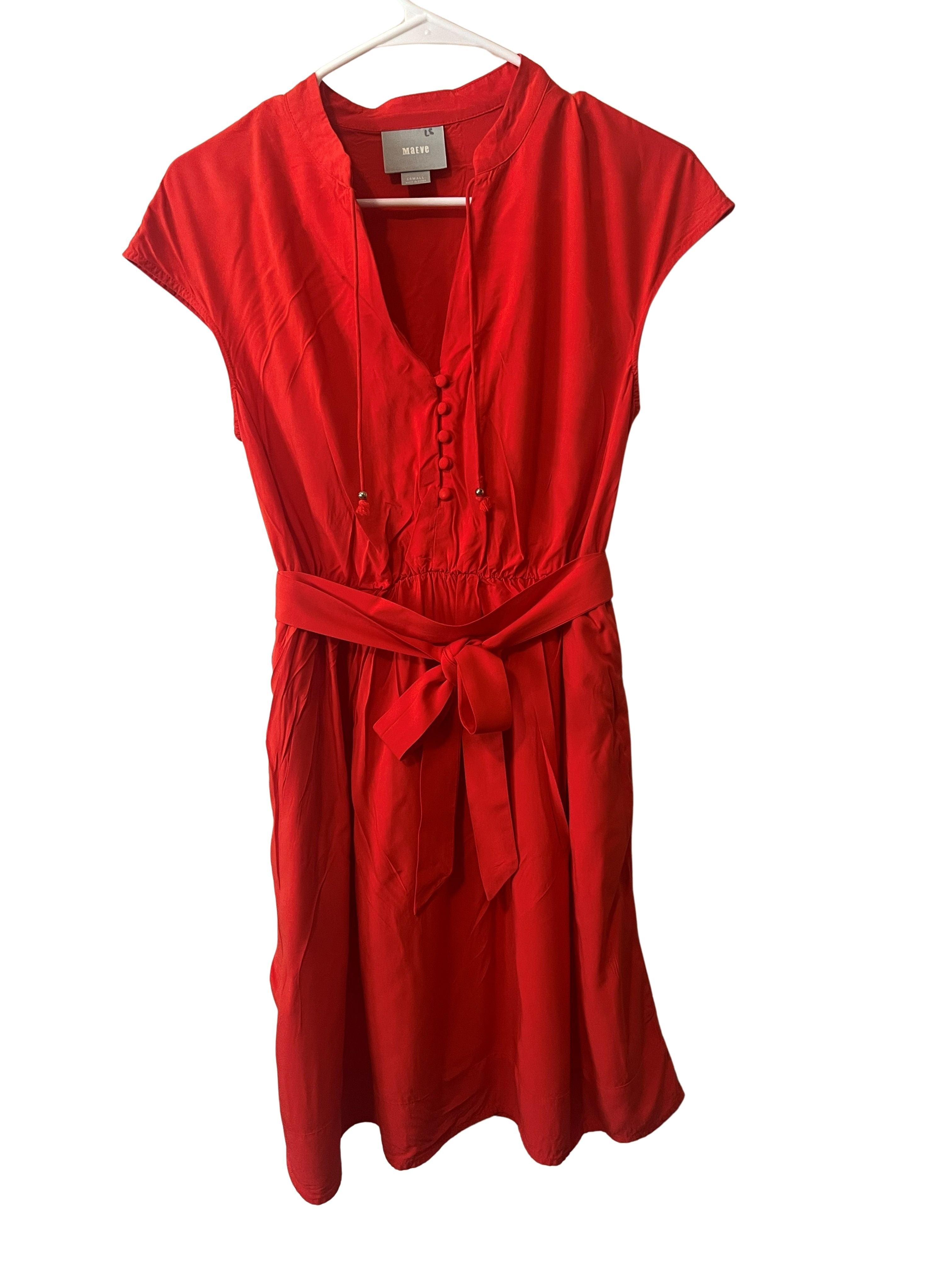 Maeve Red Belted Shift Dress with Tie Neck - Size XS