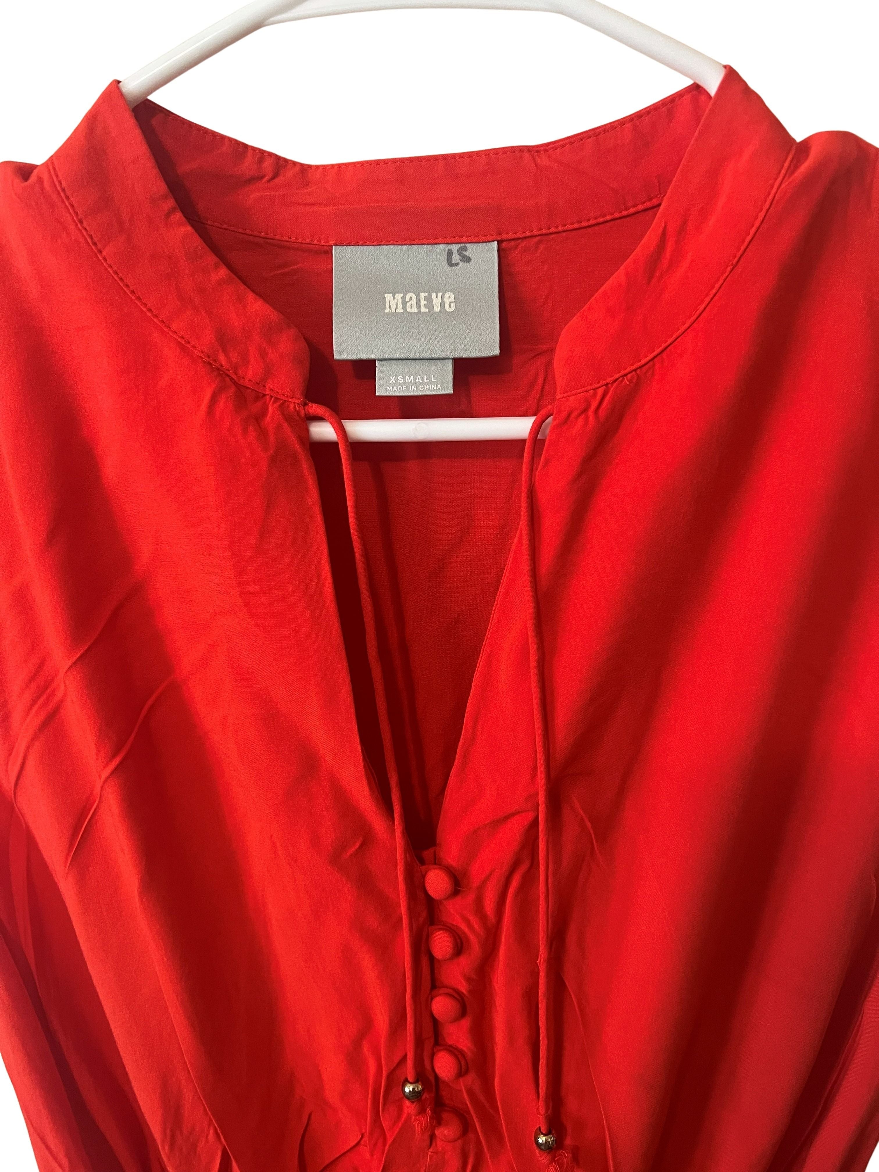Maeve Red Belted Shift Dress with Tie Neck - Size XS