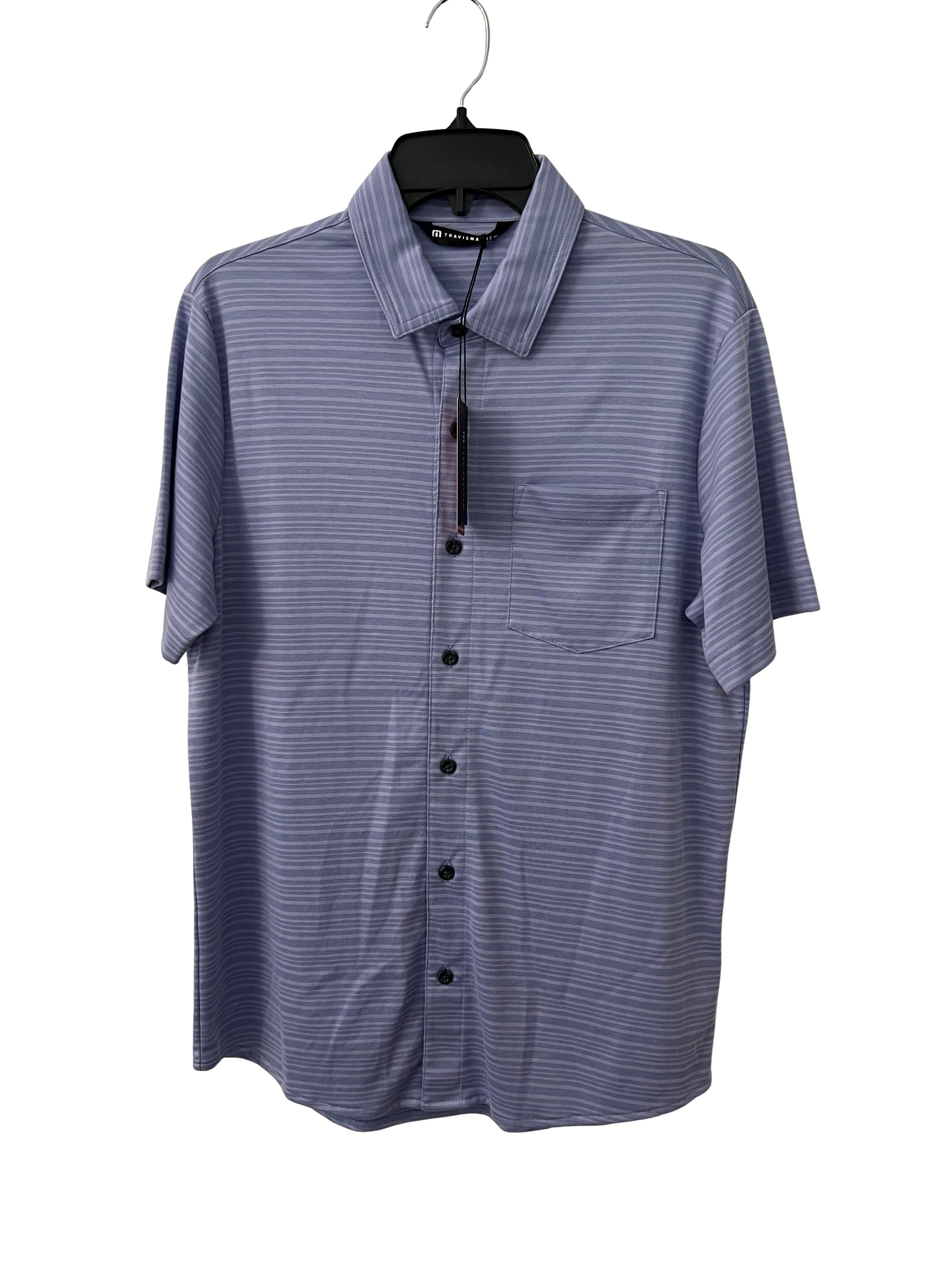 TravisMathew Men's Short Sleeve Button-Up Shirt, Striped Blue, NWT