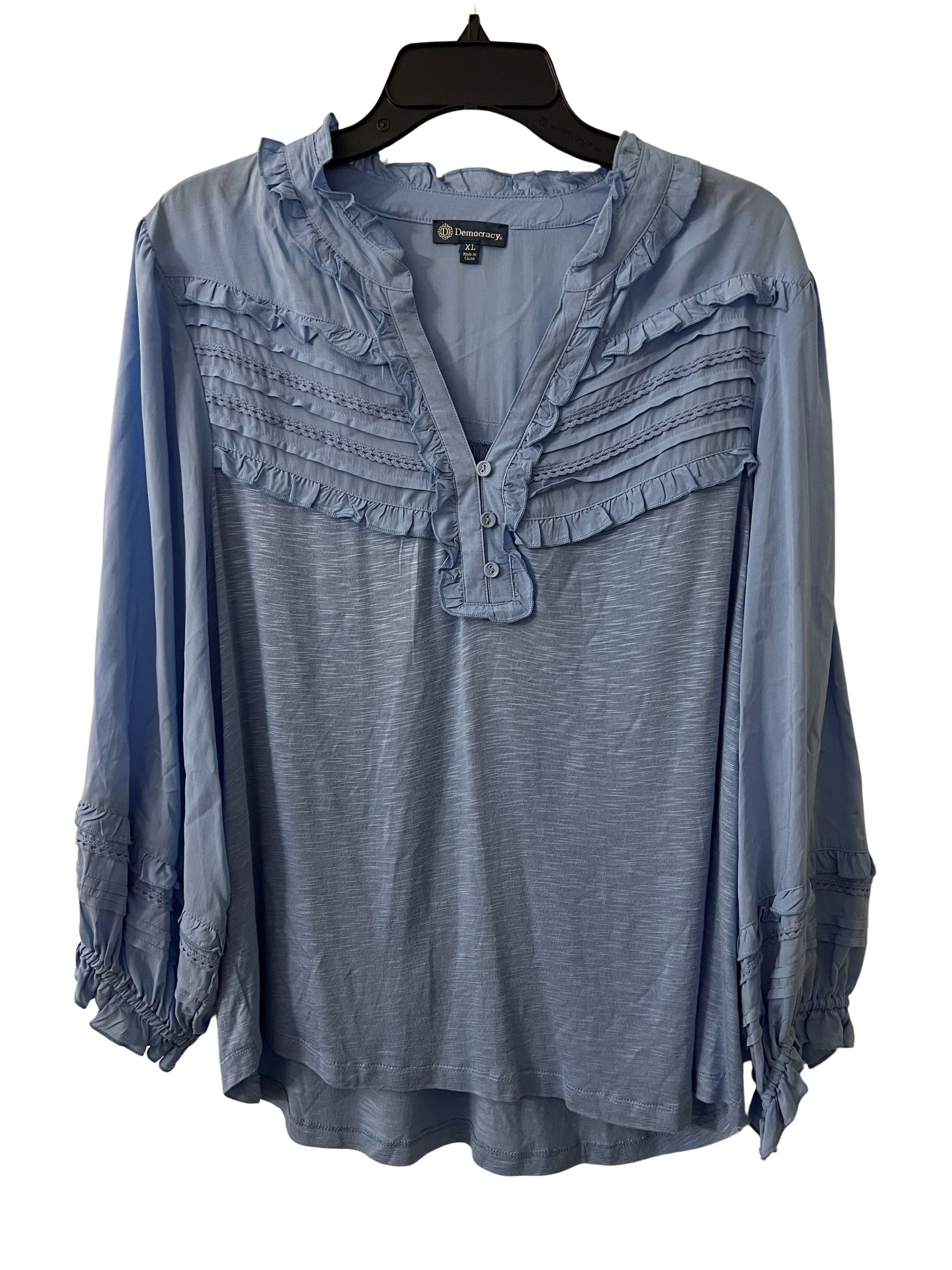 Democracy Women's XL Blue Ruffle Peasant Top NWT