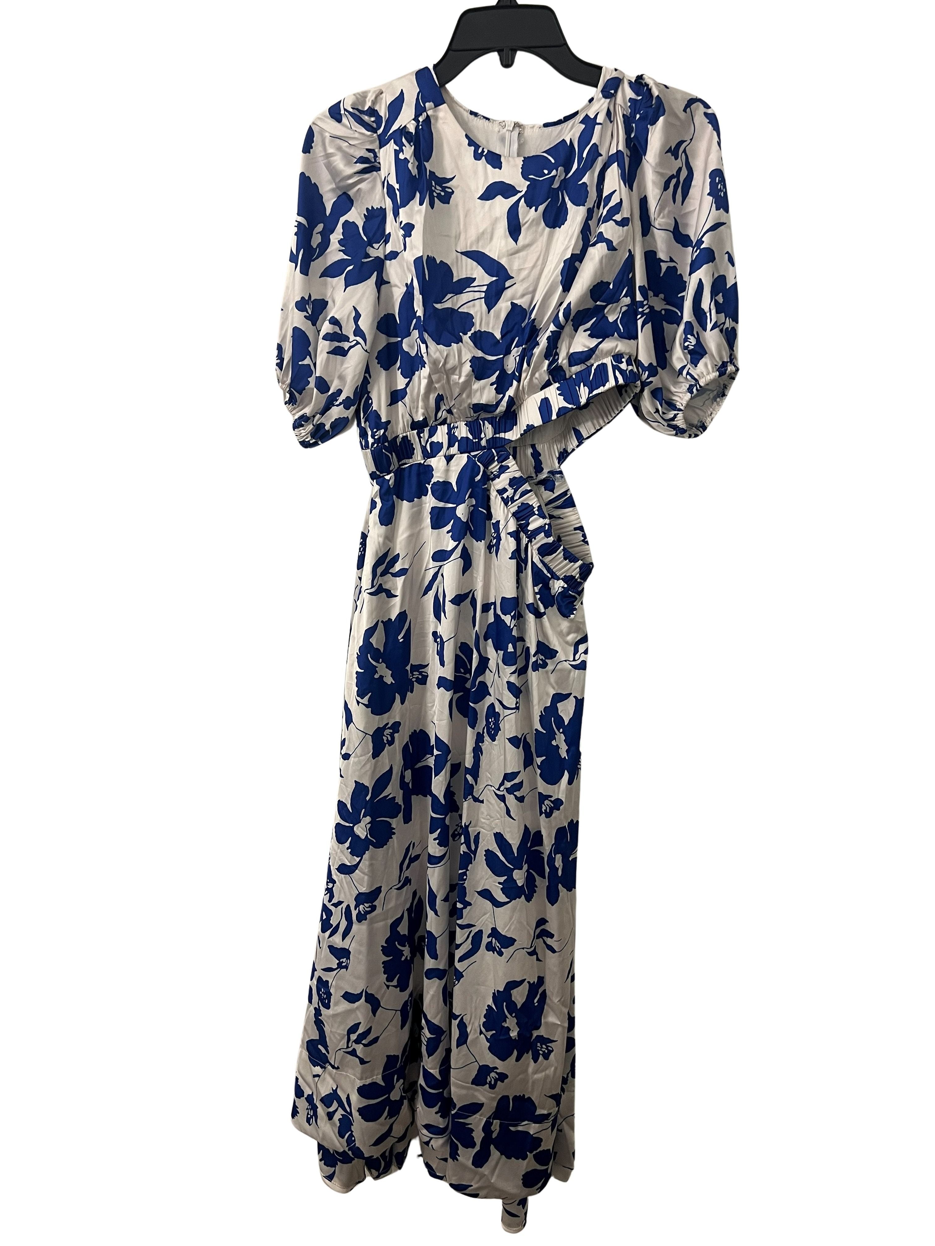 Blue & White Floral Midi Dress with Puff Sleeves and Waist Cutout