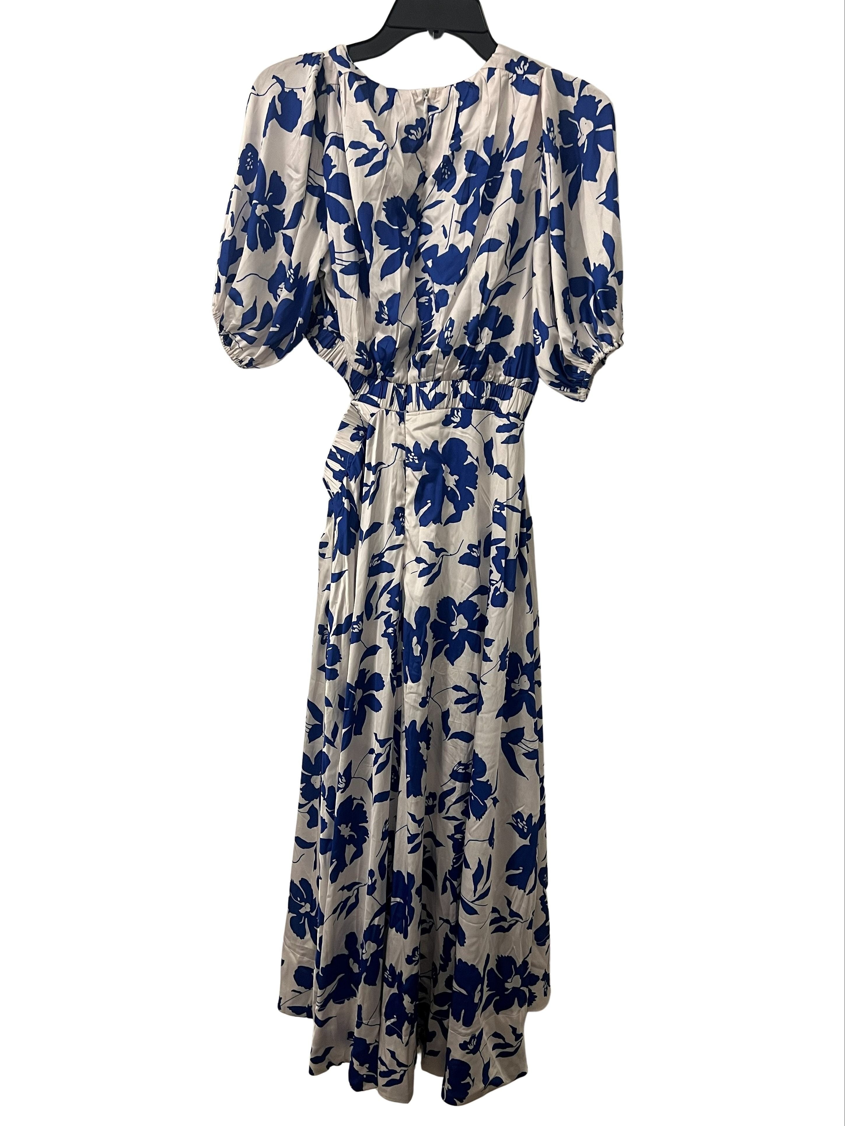 Blue & White Floral Midi Dress with Puff Sleeves and Waist Cutout