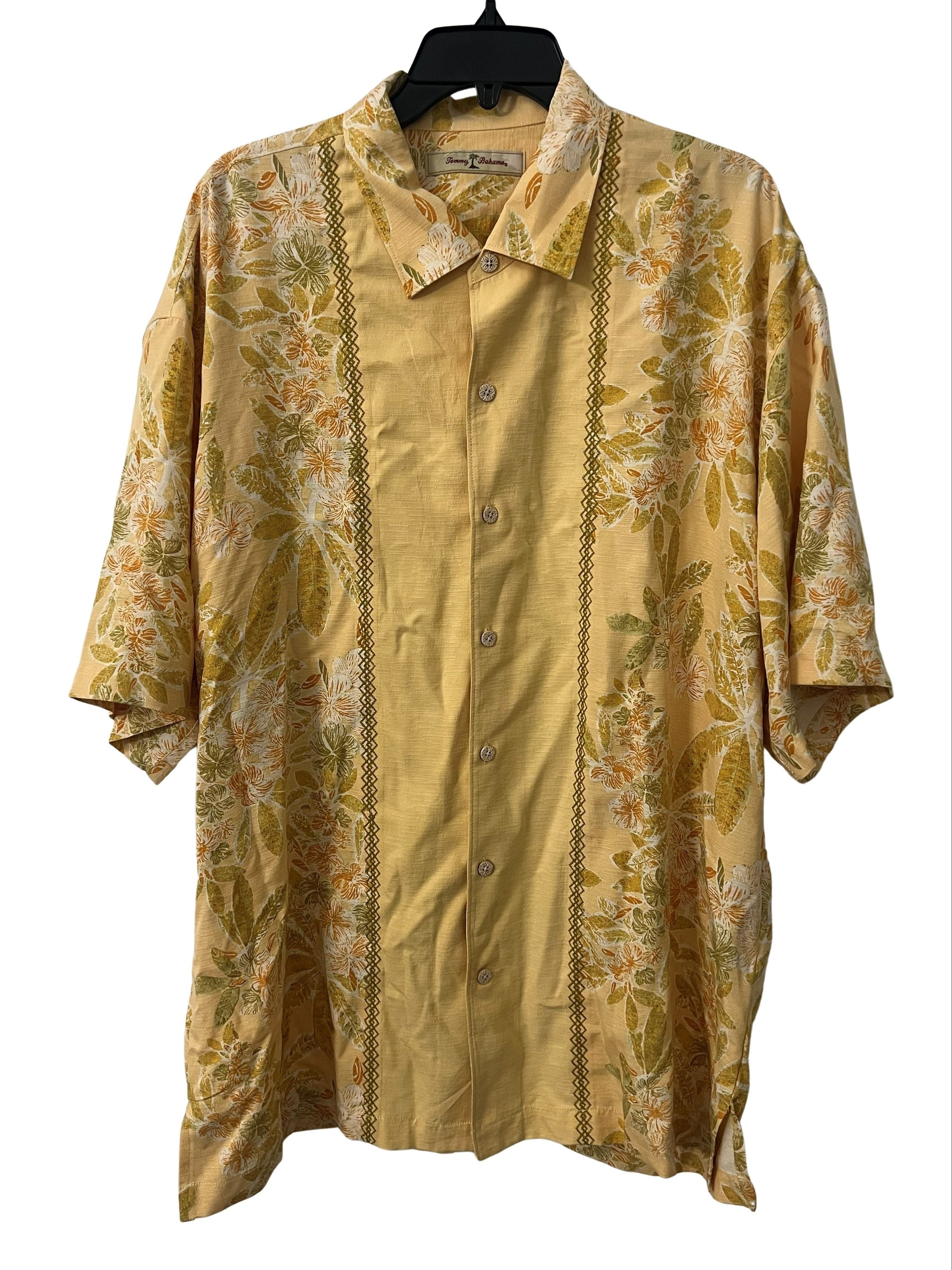 Tommy Bahama Men's Silk Blend Hawaiian Shirt Yellow Floral Short Sleeve
