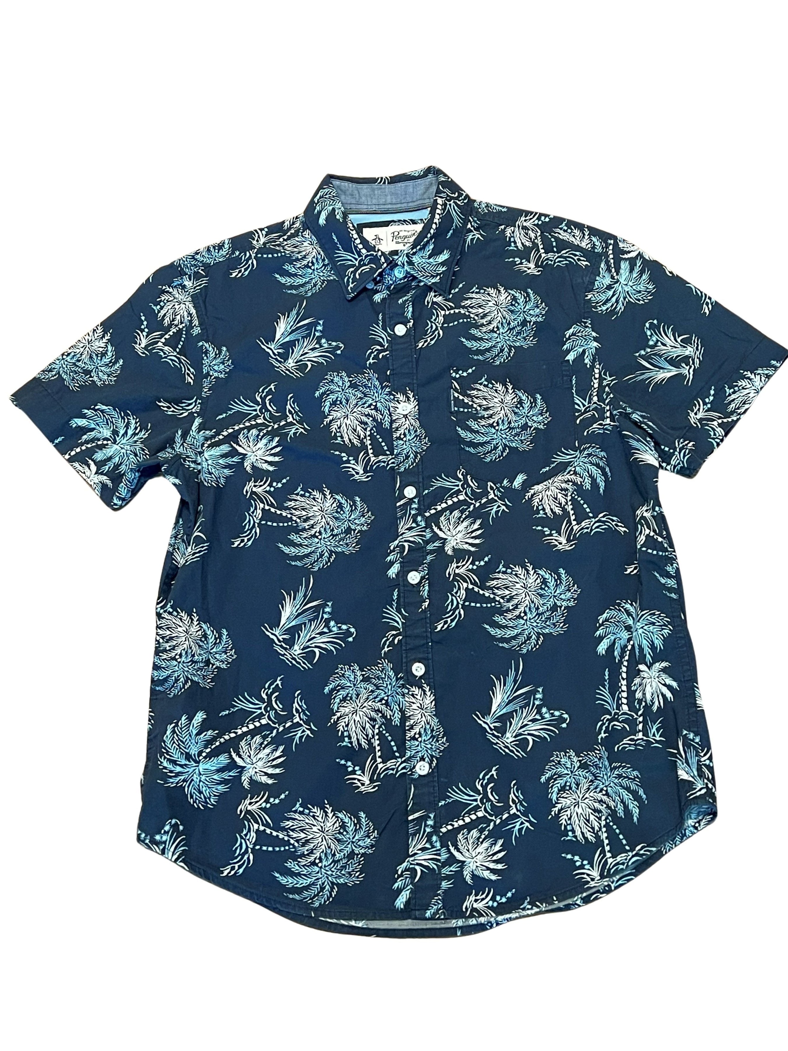 Original Penguin Men's Navy Palm Tree Print Short Sleeve Shirt Size M