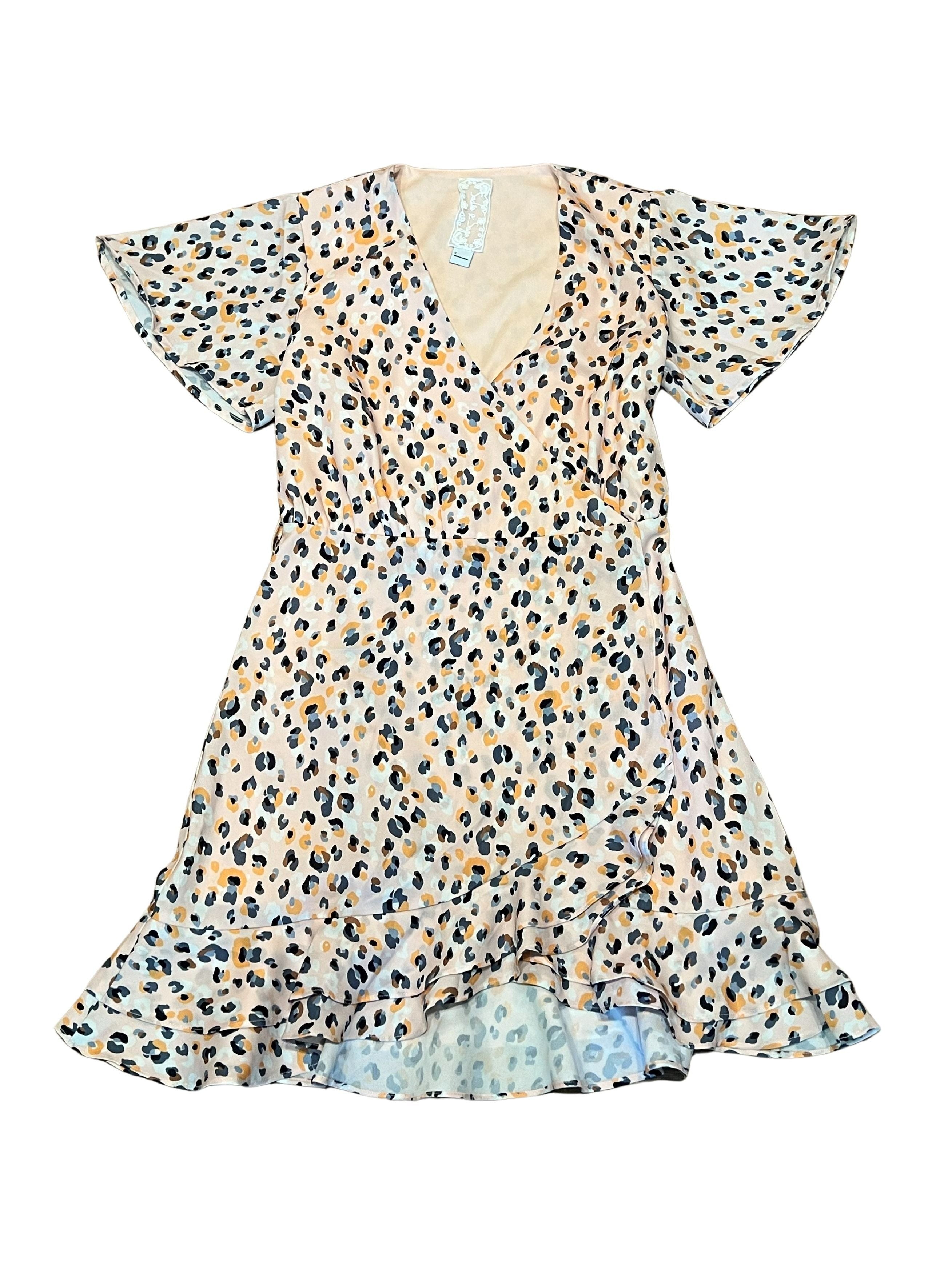 Blush Leopard Print Wrap Dress with Ruffle Hem - Size S