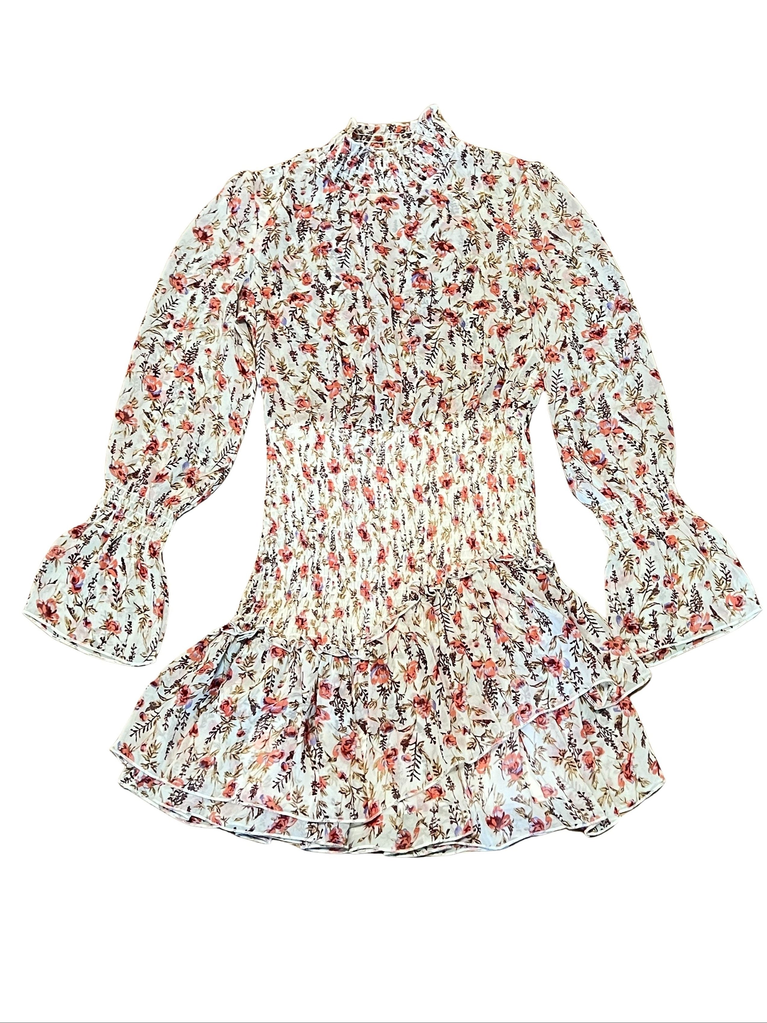 Polly Floral Smocked Mini Dress with Bell Sleeves, Size 4/8