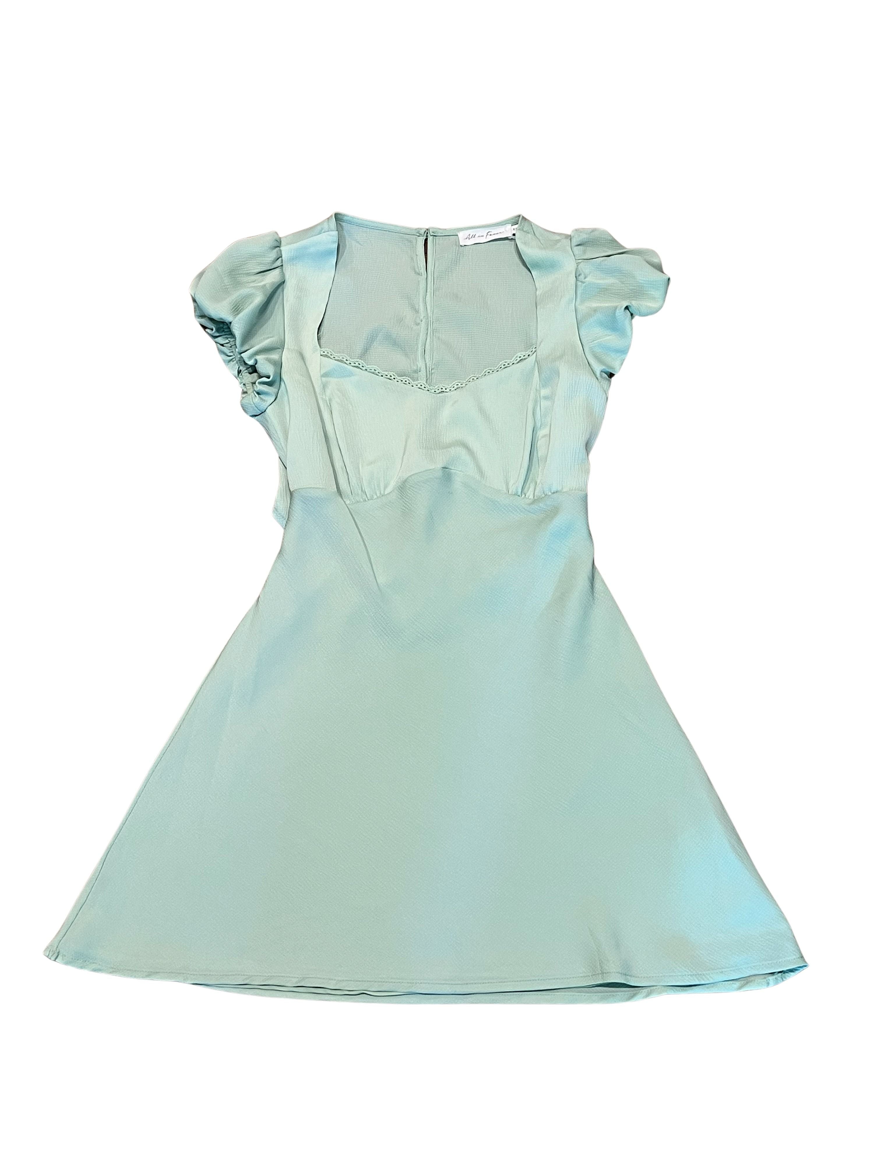 All in Favor Sage Green Puff Sleeve Cutout Back Mini Dress XS