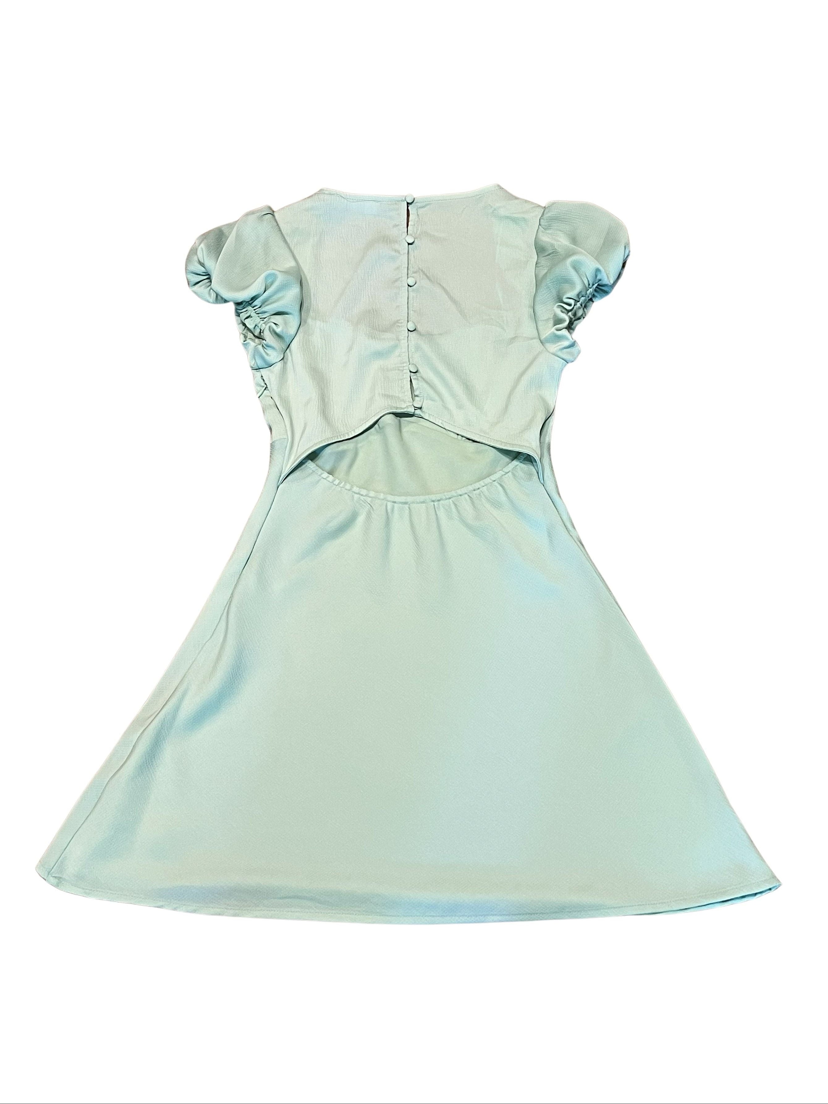 All in Favor Sage Green Puff Sleeve Cutout Back Mini Dress XS