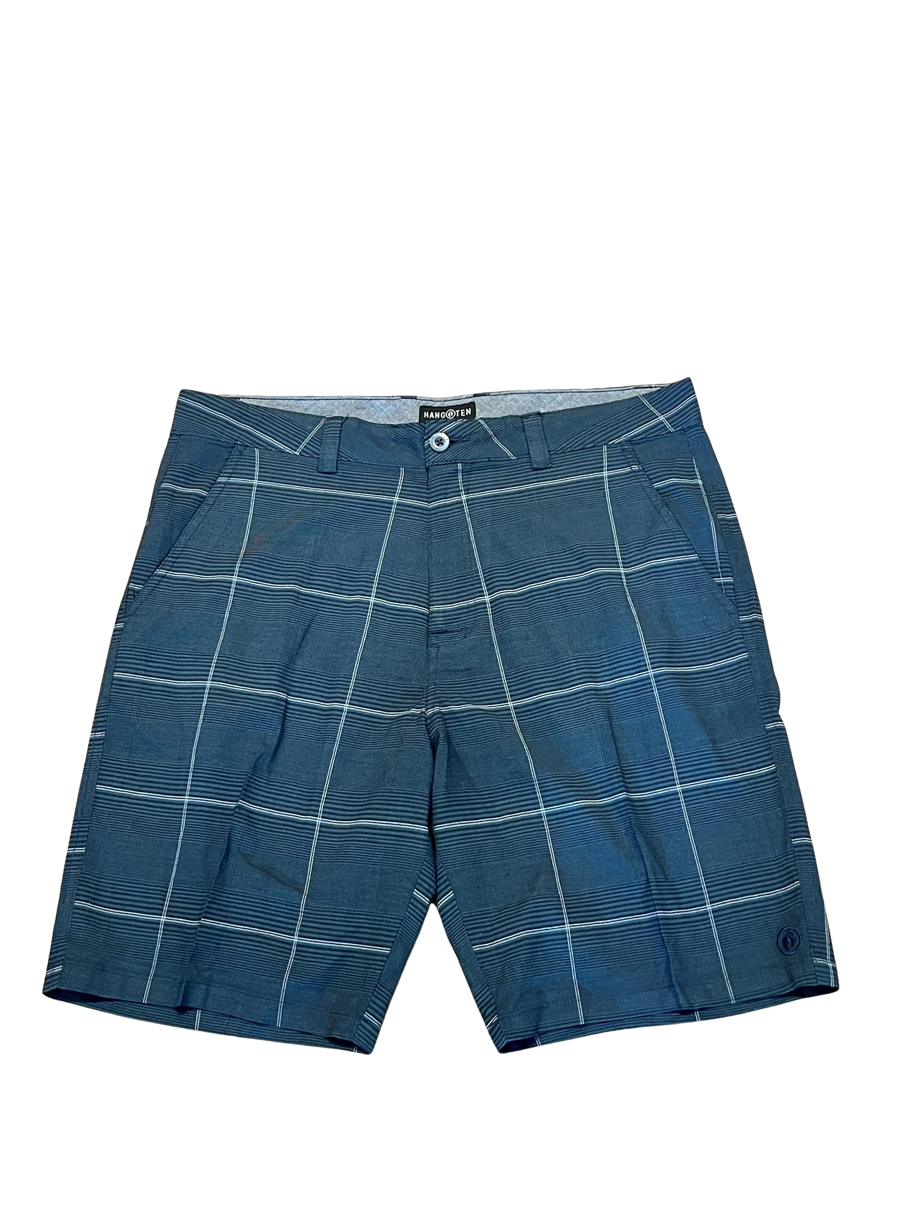 Hang Ten Men's Plaid Shorts Size 36 Navy Blue Windowpane Print