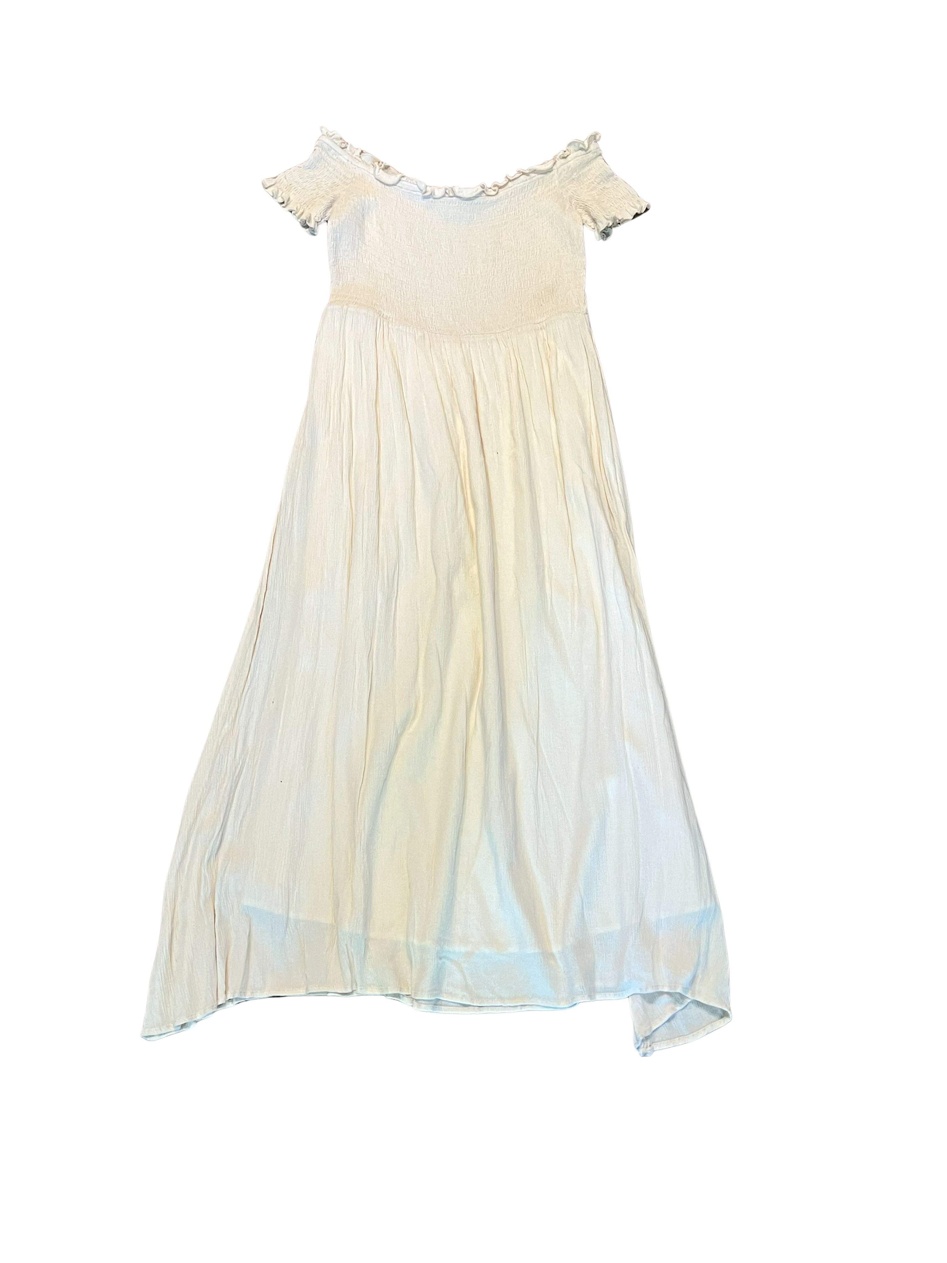 Cream Off-Shoulder Smocked Maxi Dress with Flutter Sleeves