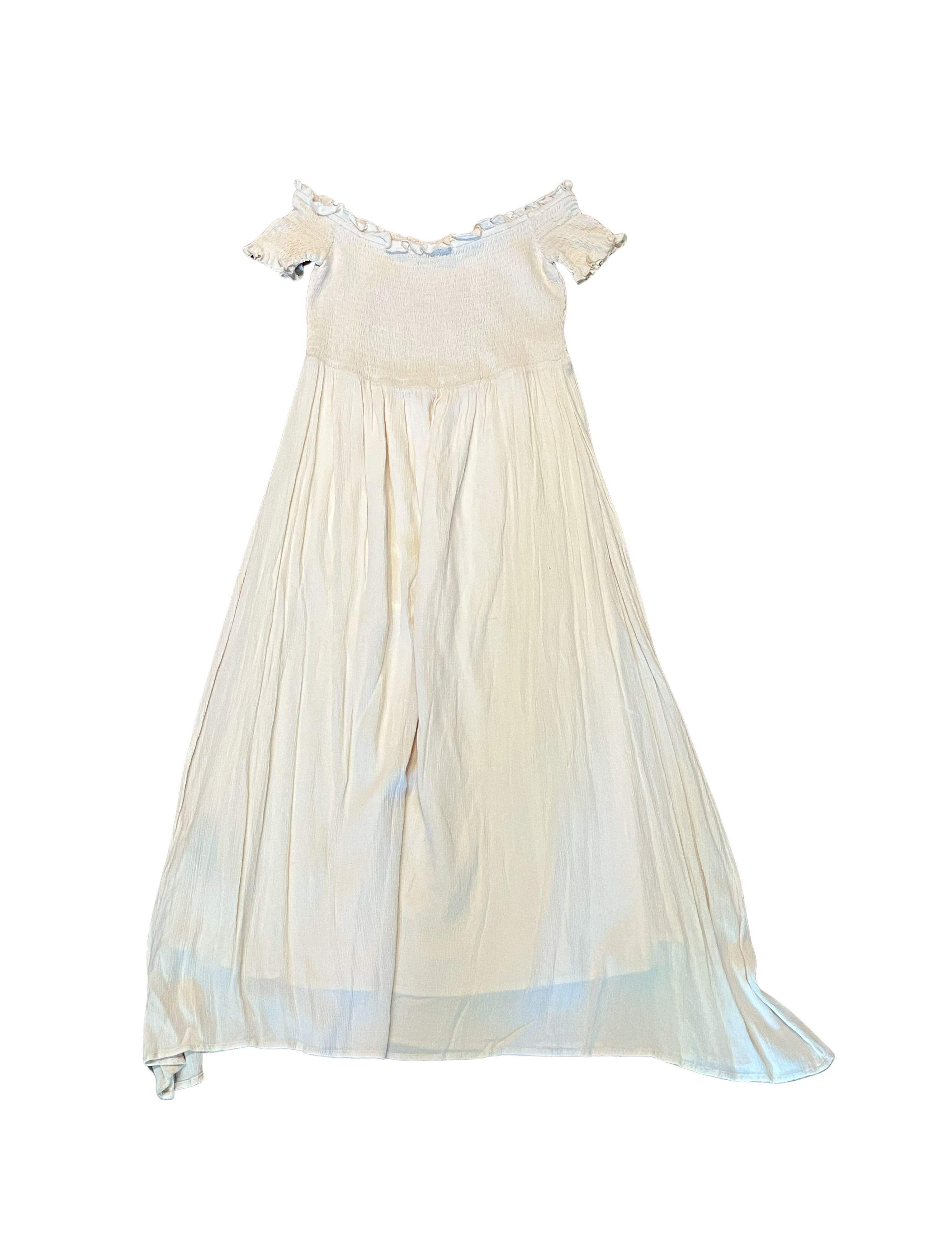 Cream Off-Shoulder Smocked Maxi Dress with Flutter Sleeves