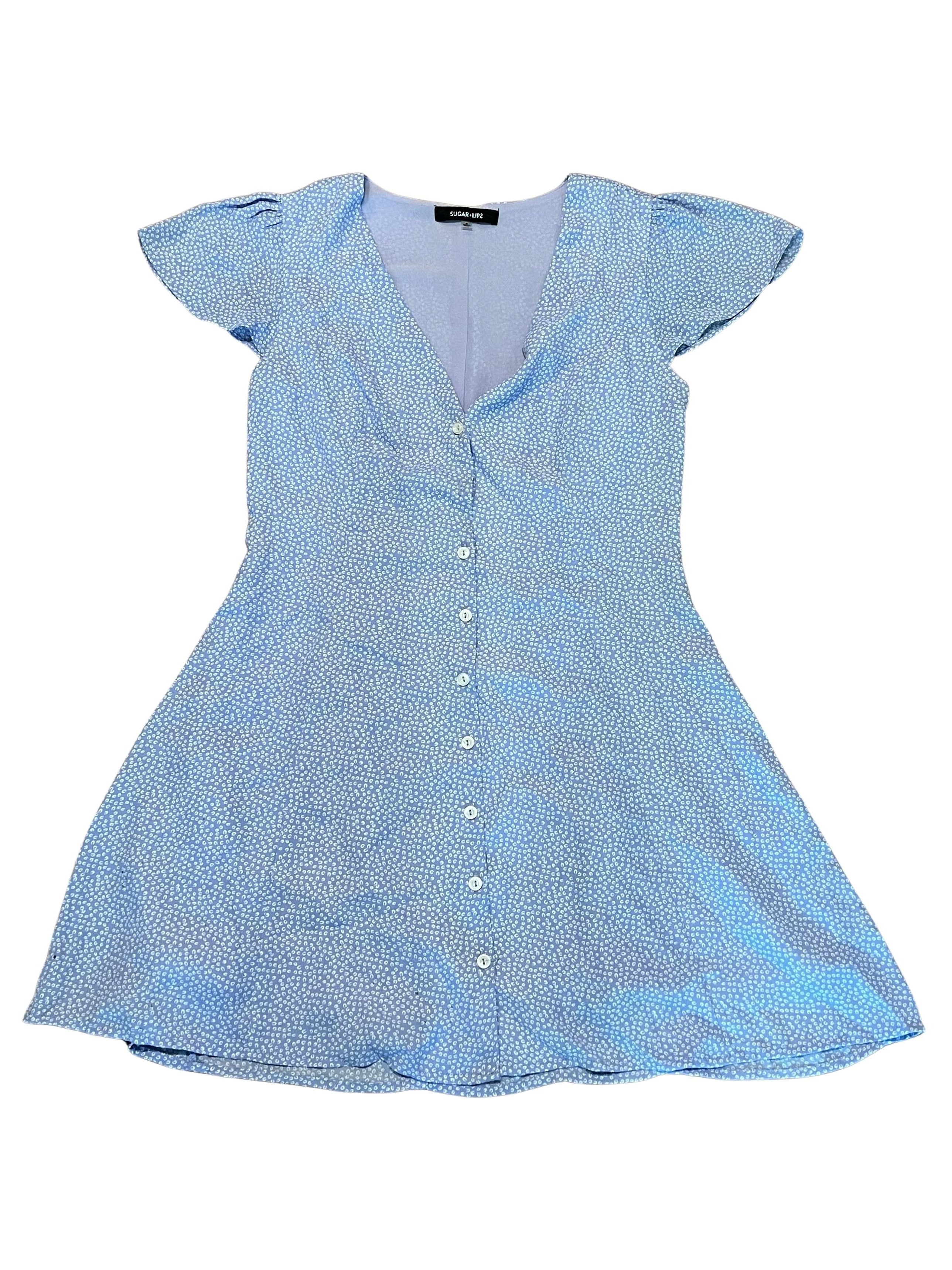 Sugar + Lips Blue Floral Mini Dress Size S Button Front Cap Sleeve
