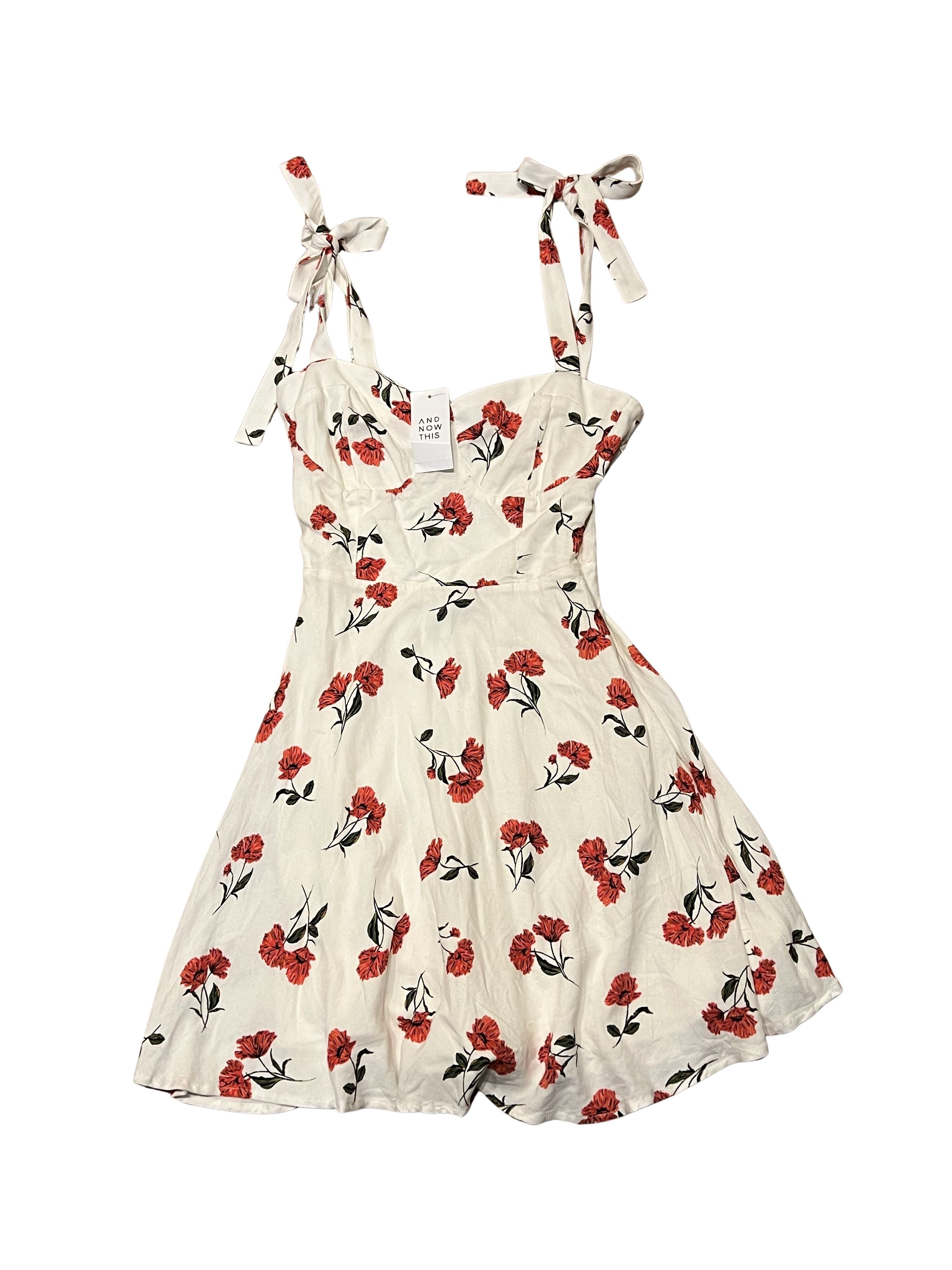And Now This Mini Dress XS NWT Ivory Red Floral Tie Strap Smocked