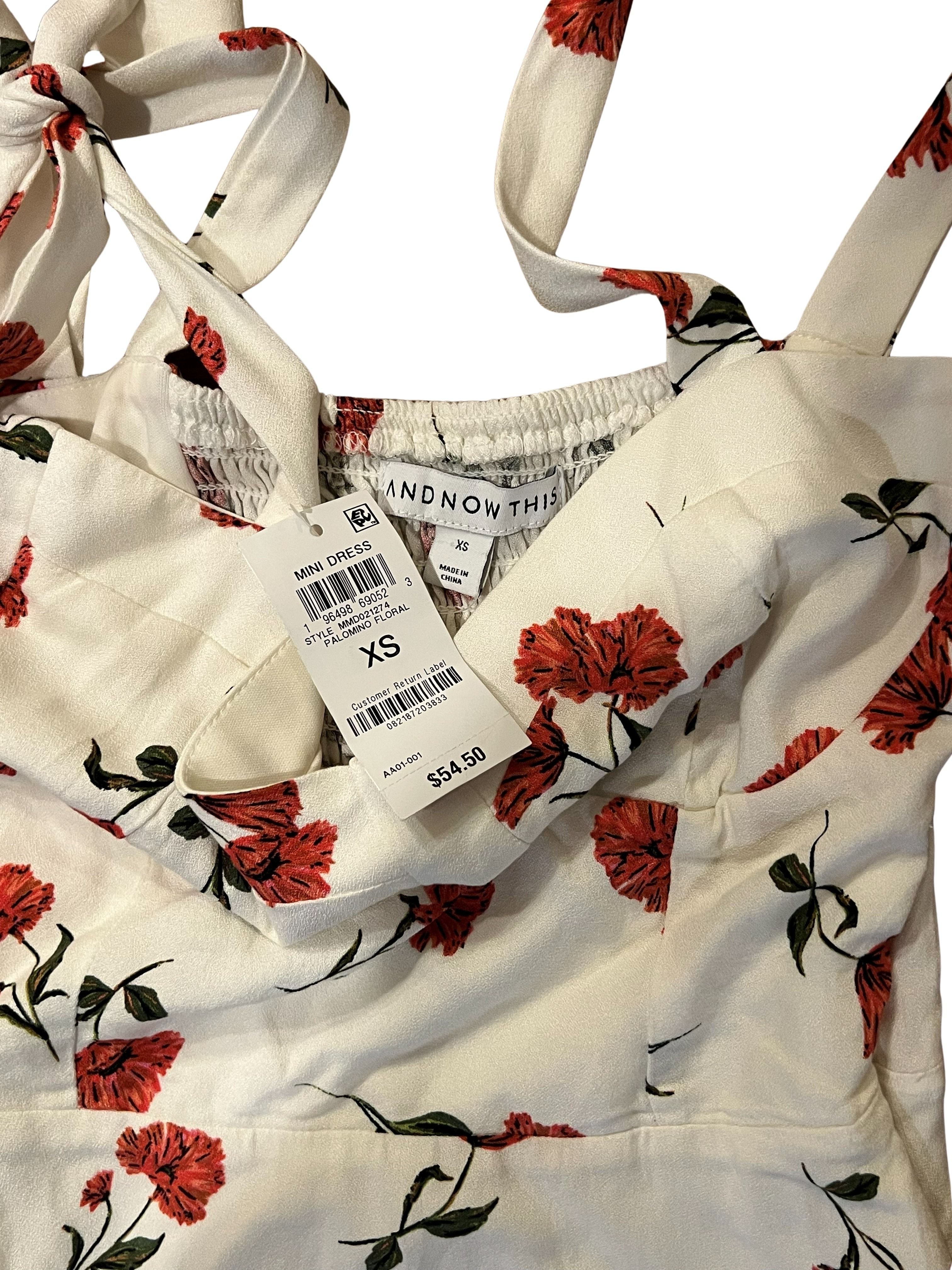 And Now This Mini Dress XS NWT Ivory Red Floral Tie Strap Smocked