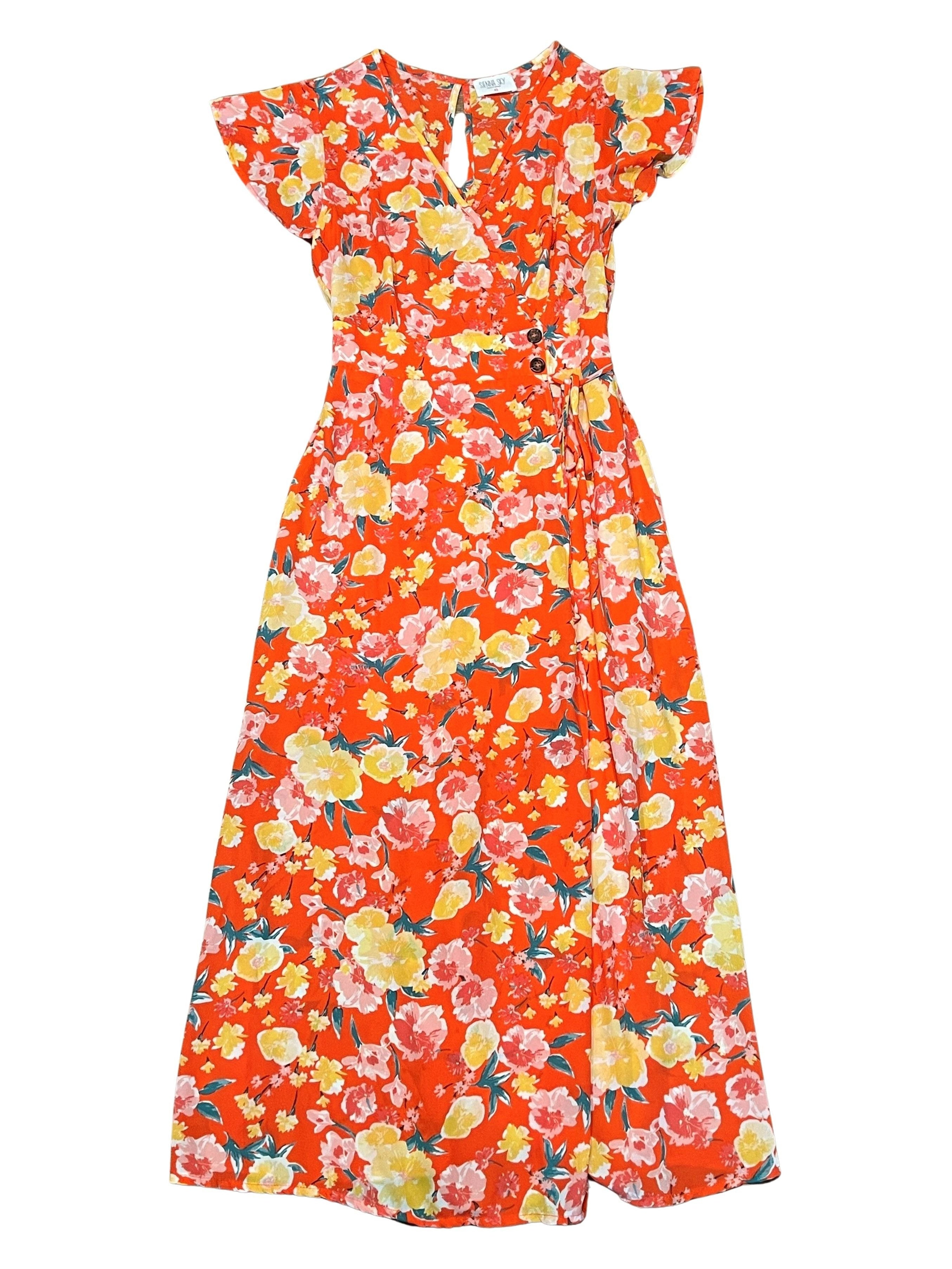 Sienna Sky Orange Floral Wrap Midi Dress - Women's XS