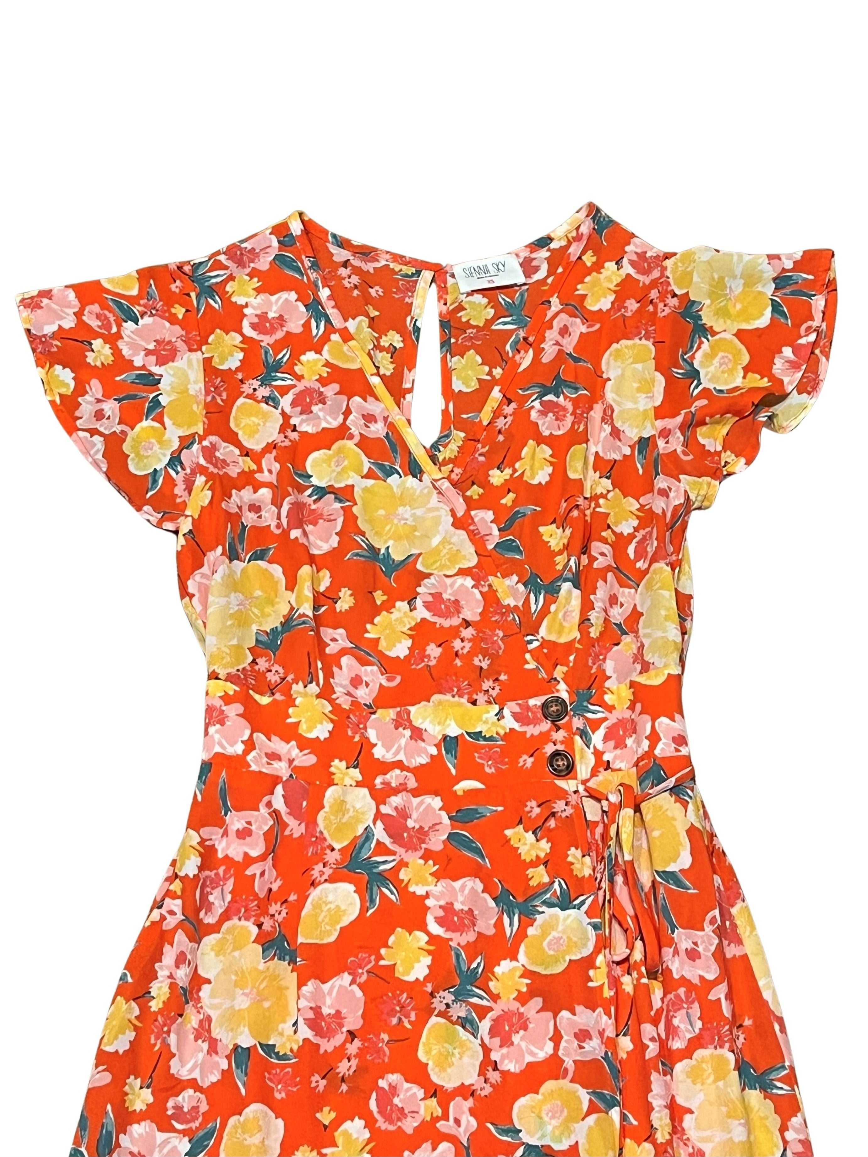 Sienna Sky Orange Floral Wrap Midi Dress - Women's XS
