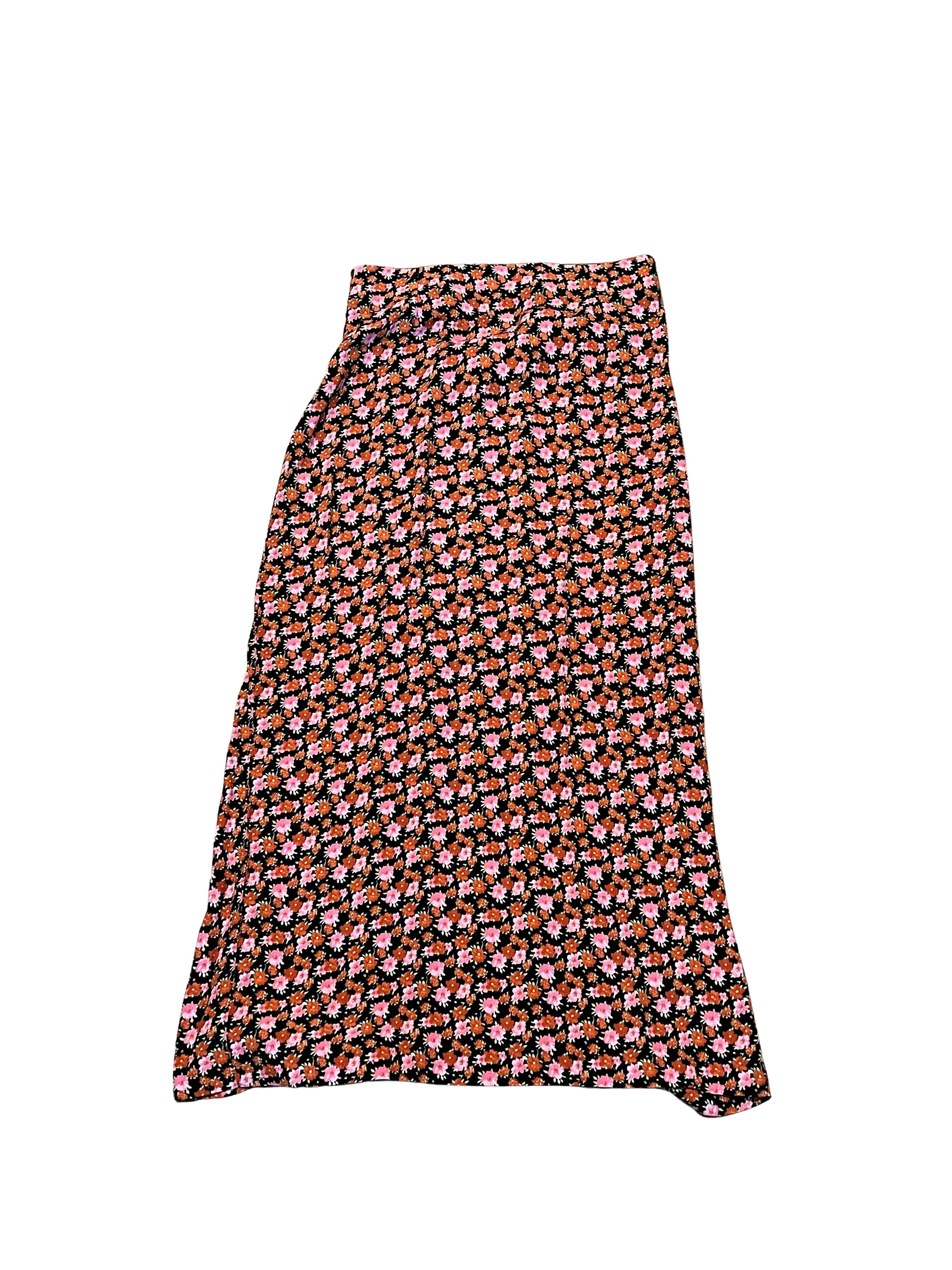 Zara Floral Midi Skirt - Black Pink Rust Ditsy Print, Size XS