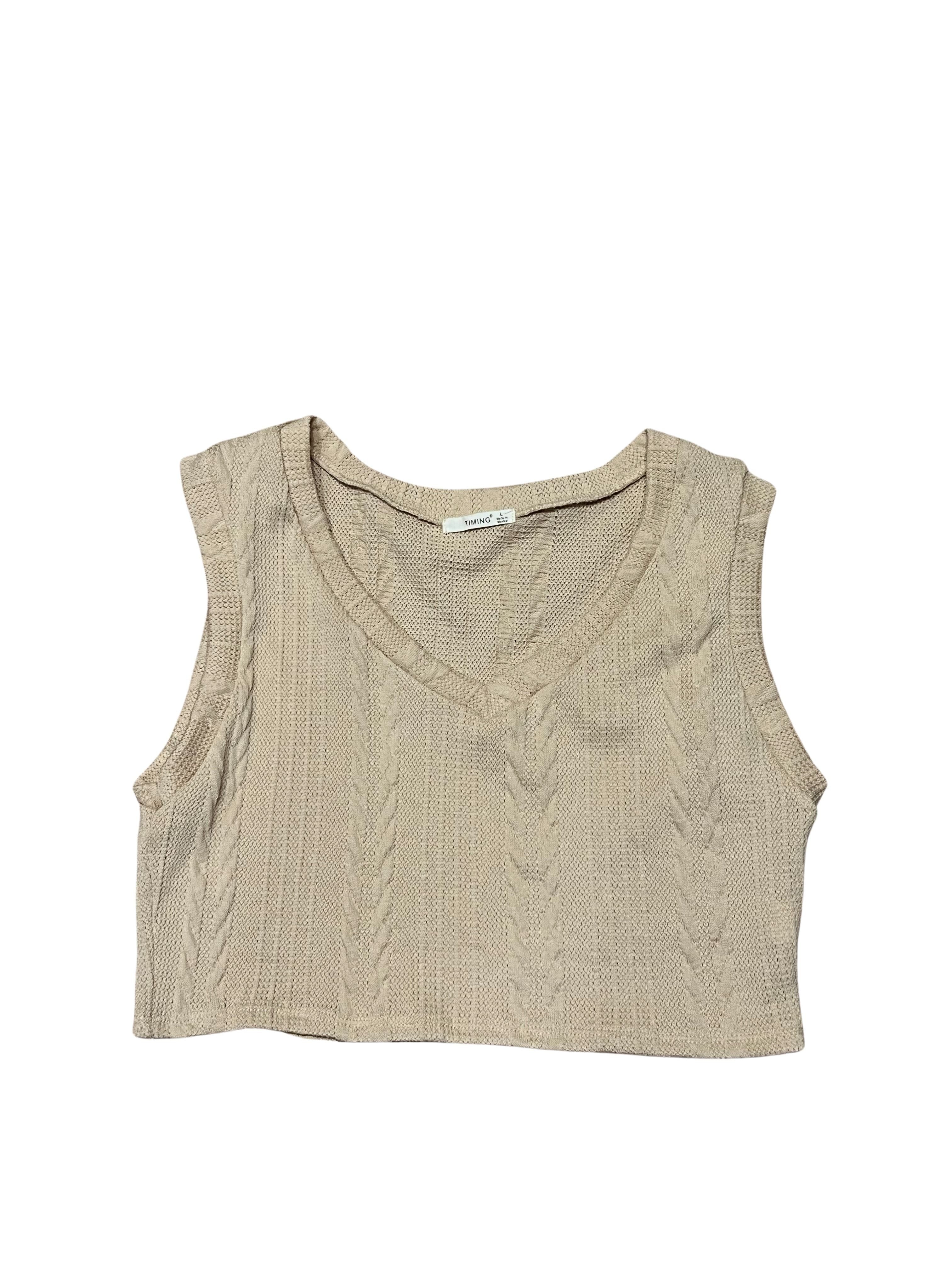 Timing Cropped Cable-Knit Sweater Vest Tank, Size L, Beige