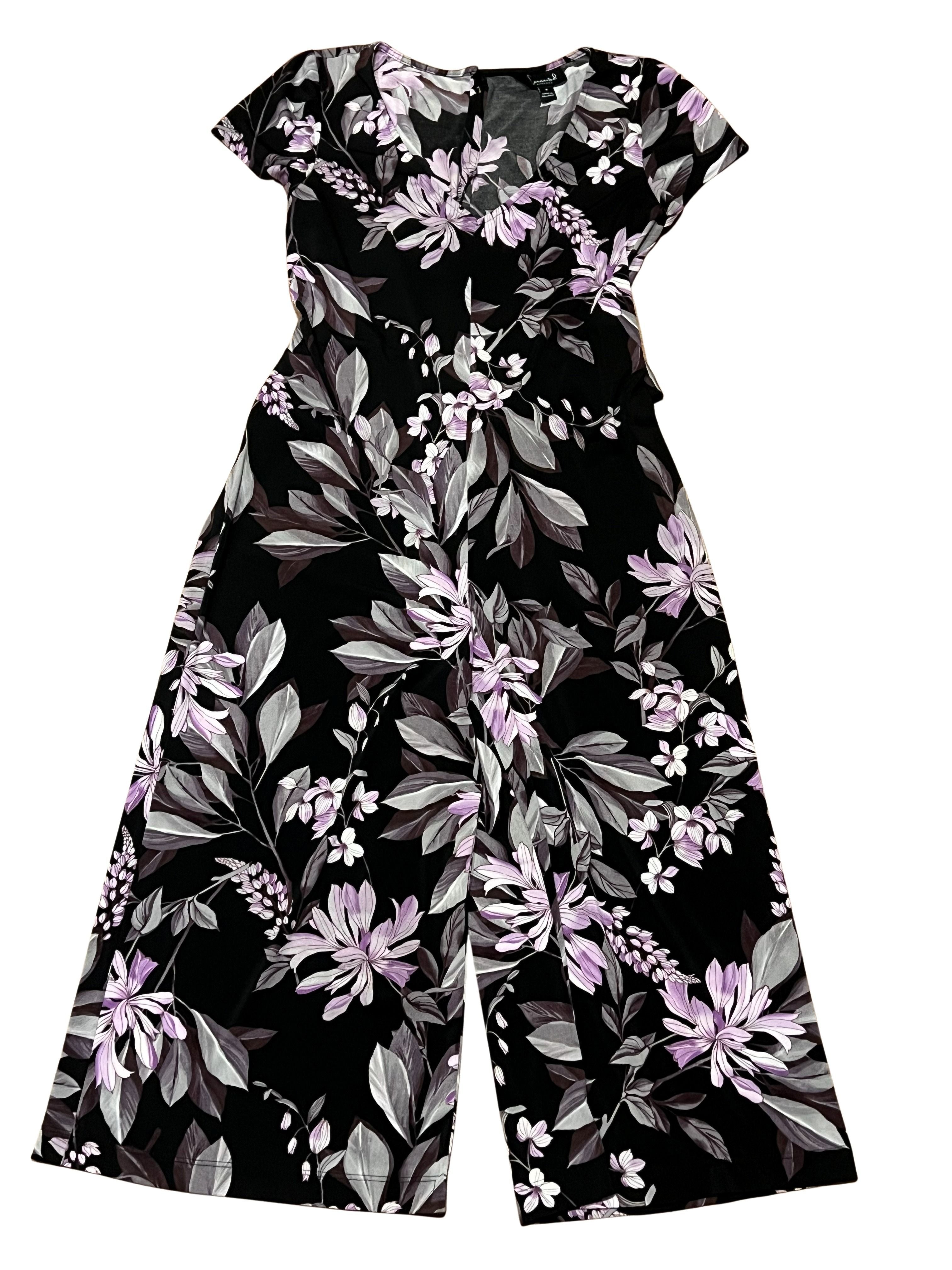 Black Floral Print Midi Dress with Tie Waist - Cap Sleeve