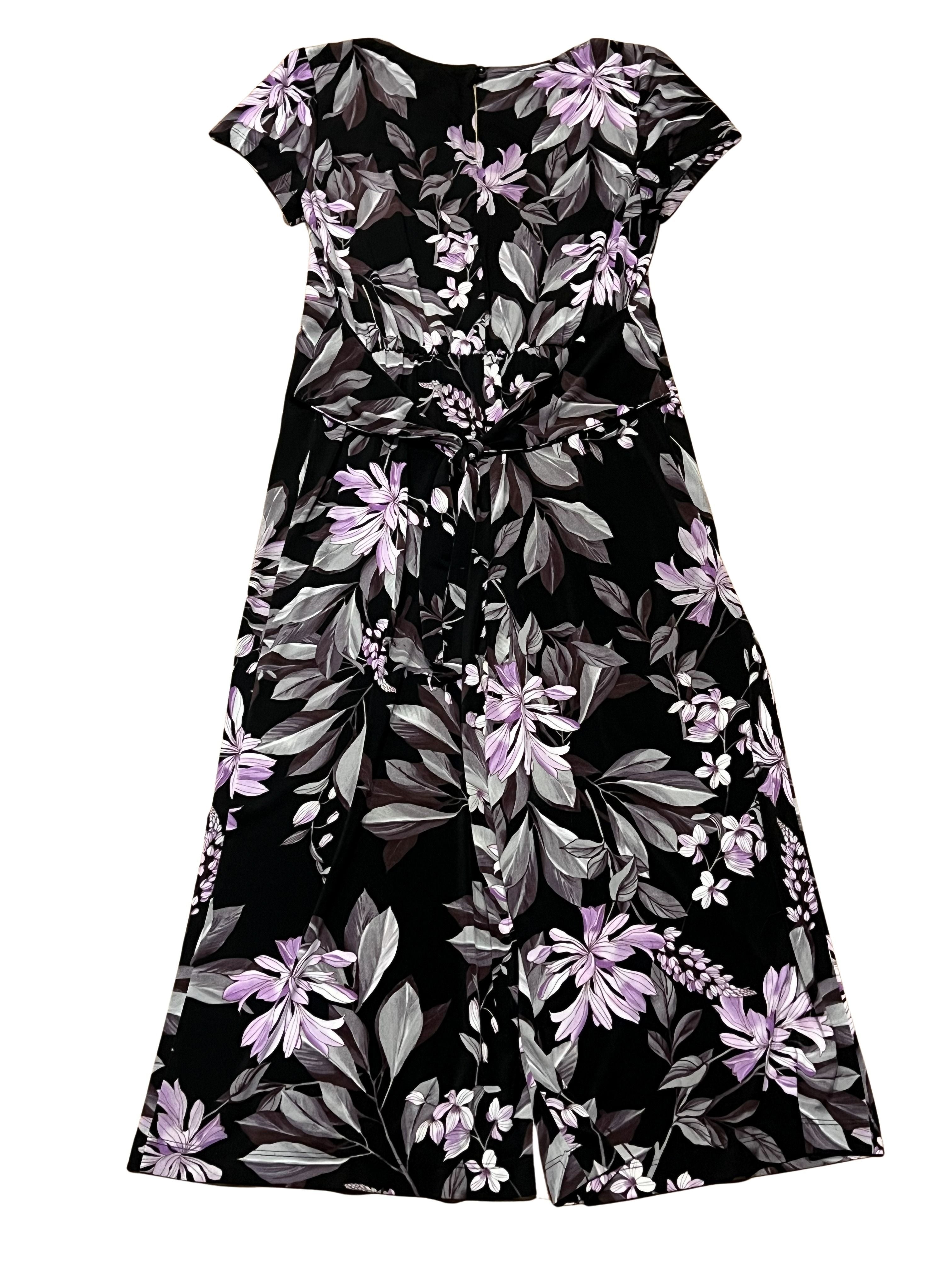 Black Floral Print Midi Dress with Tie Waist - Cap Sleeve