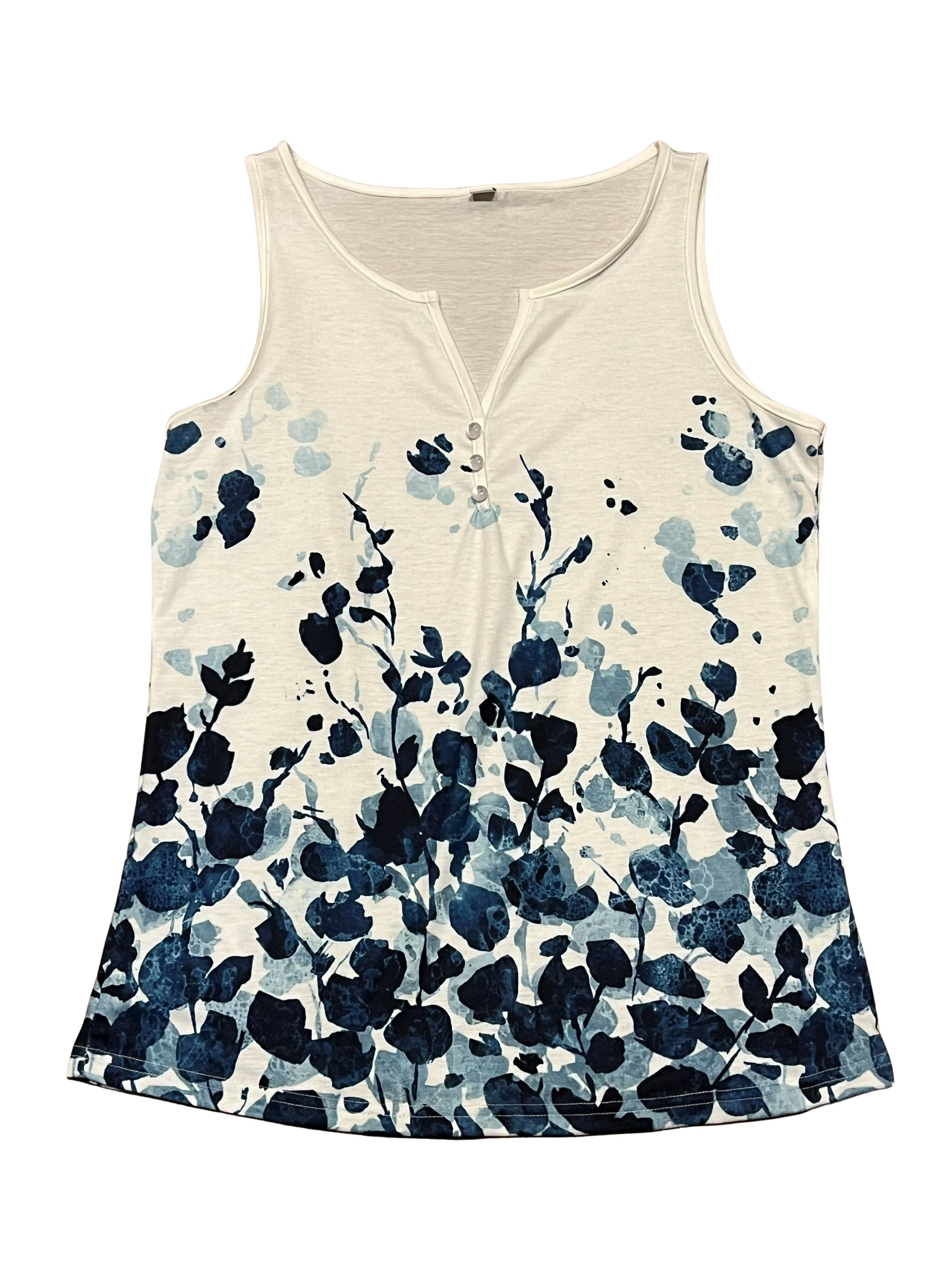 Women's Ivory & Navy Floral Sleeveless Top with Button Detail