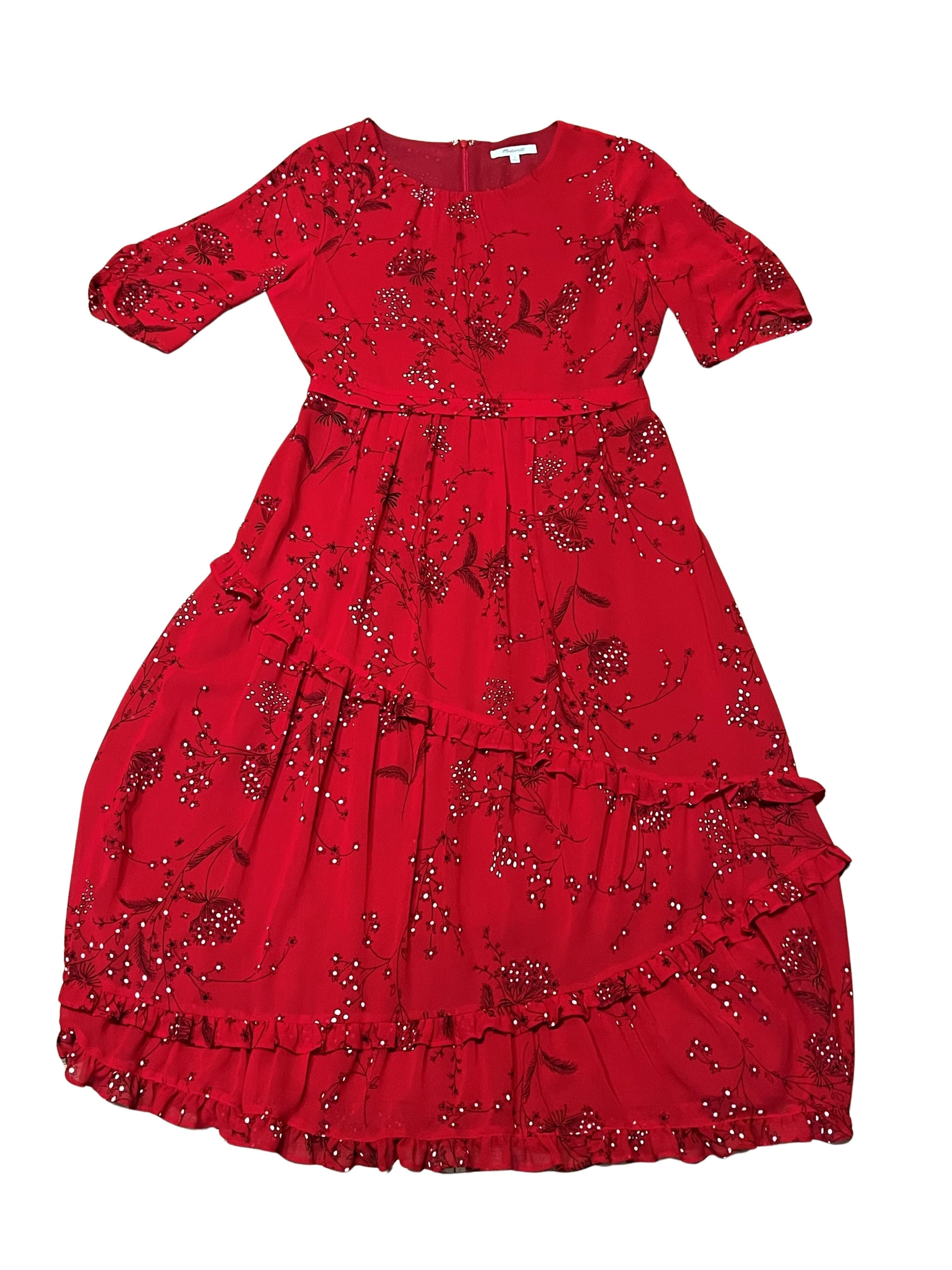 Red Floral Print Tiered Ruffle Maxi Dress - Size M (est.)