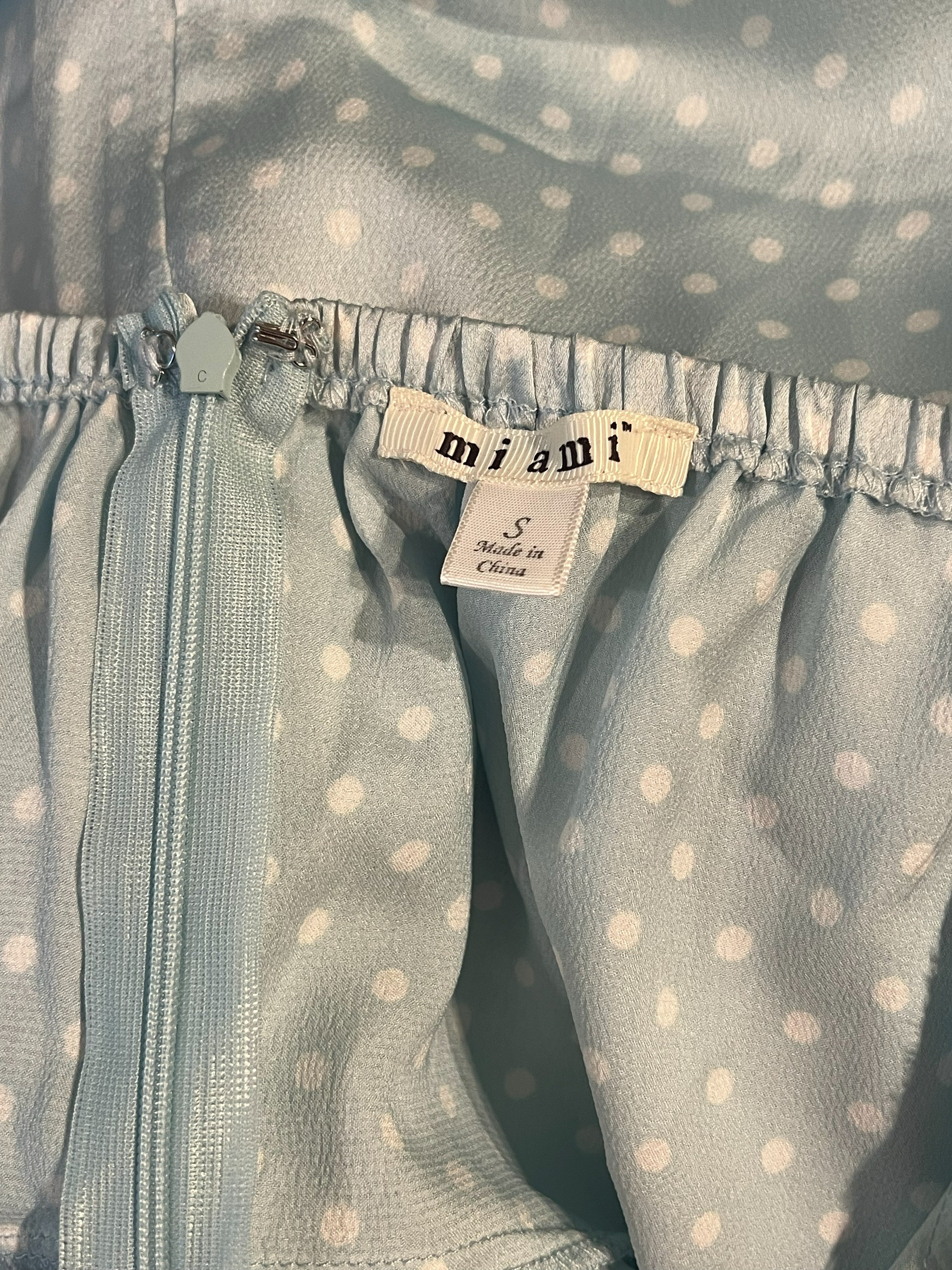 Miami Light Blue Polka Dot Midi Dress with Puff Sleeves, Size S