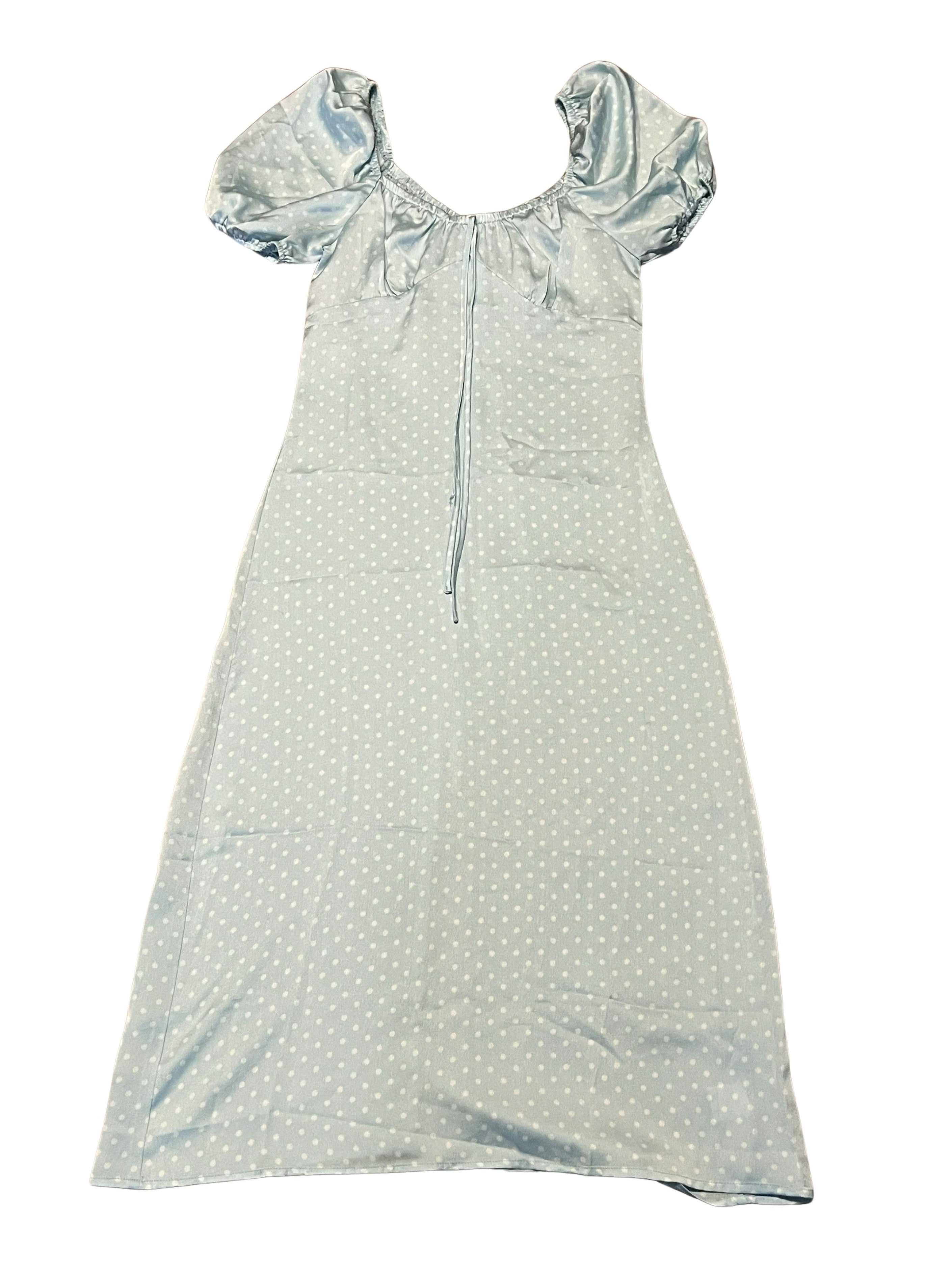 Light Blue Polka Dot Dress with Puff Sleeves and Front Zip