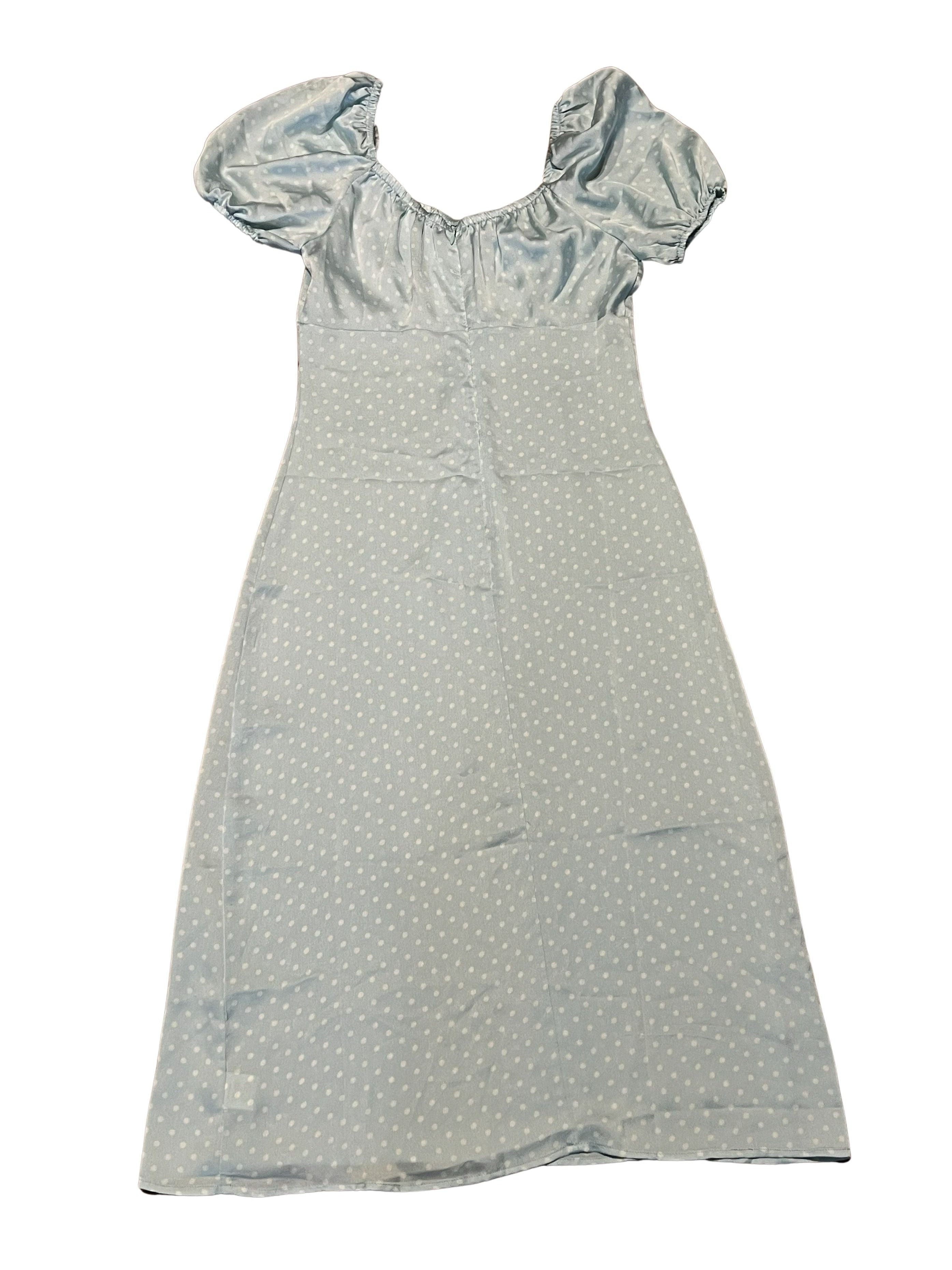 Light Blue Polka Dot Dress with Puff Sleeves and Front Zip