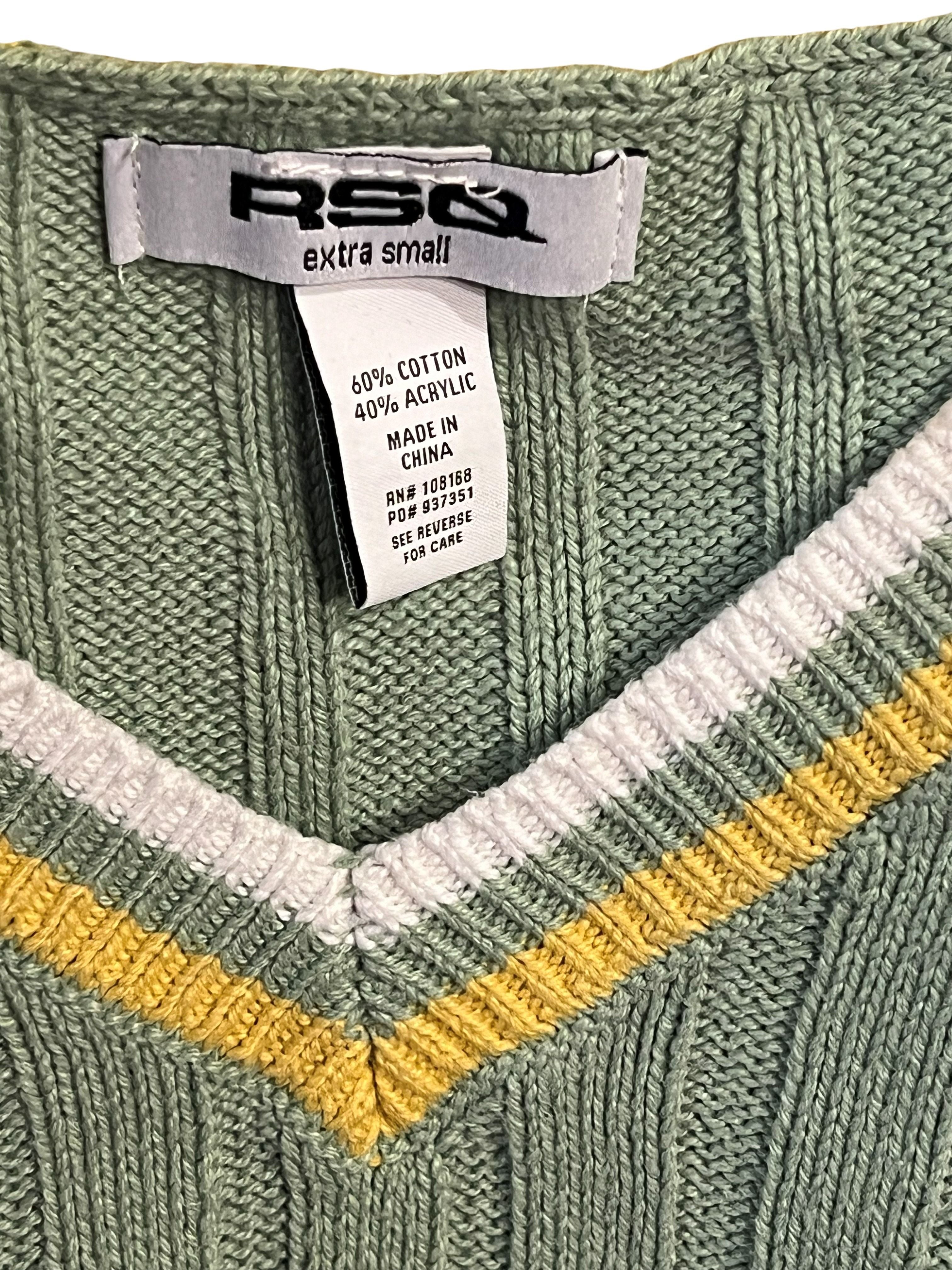 RSQ Cropped Cable Knit Sweater Vest Green Yellow Trim XS