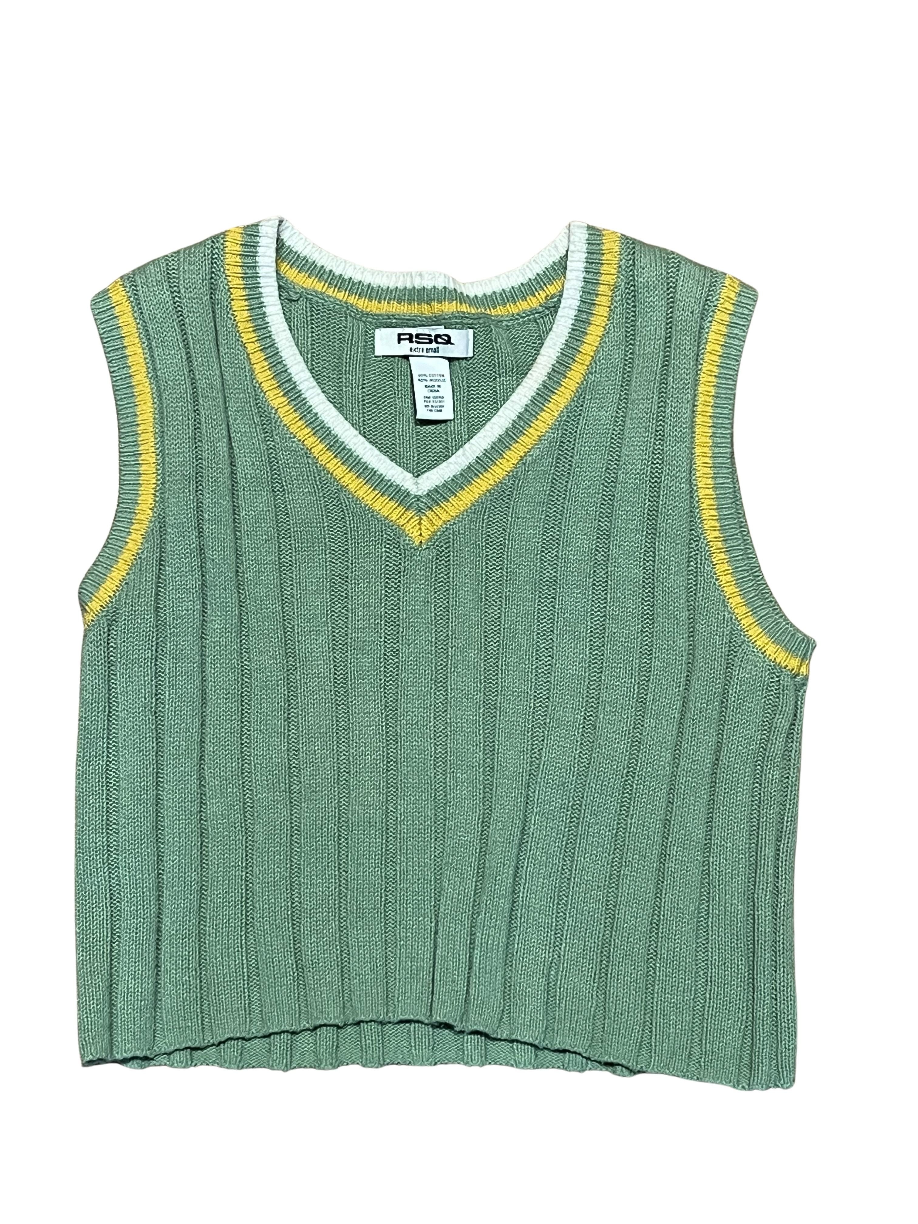 RSQ Cropped Cable Knit Sweater Vest Green Yellow Trim XS