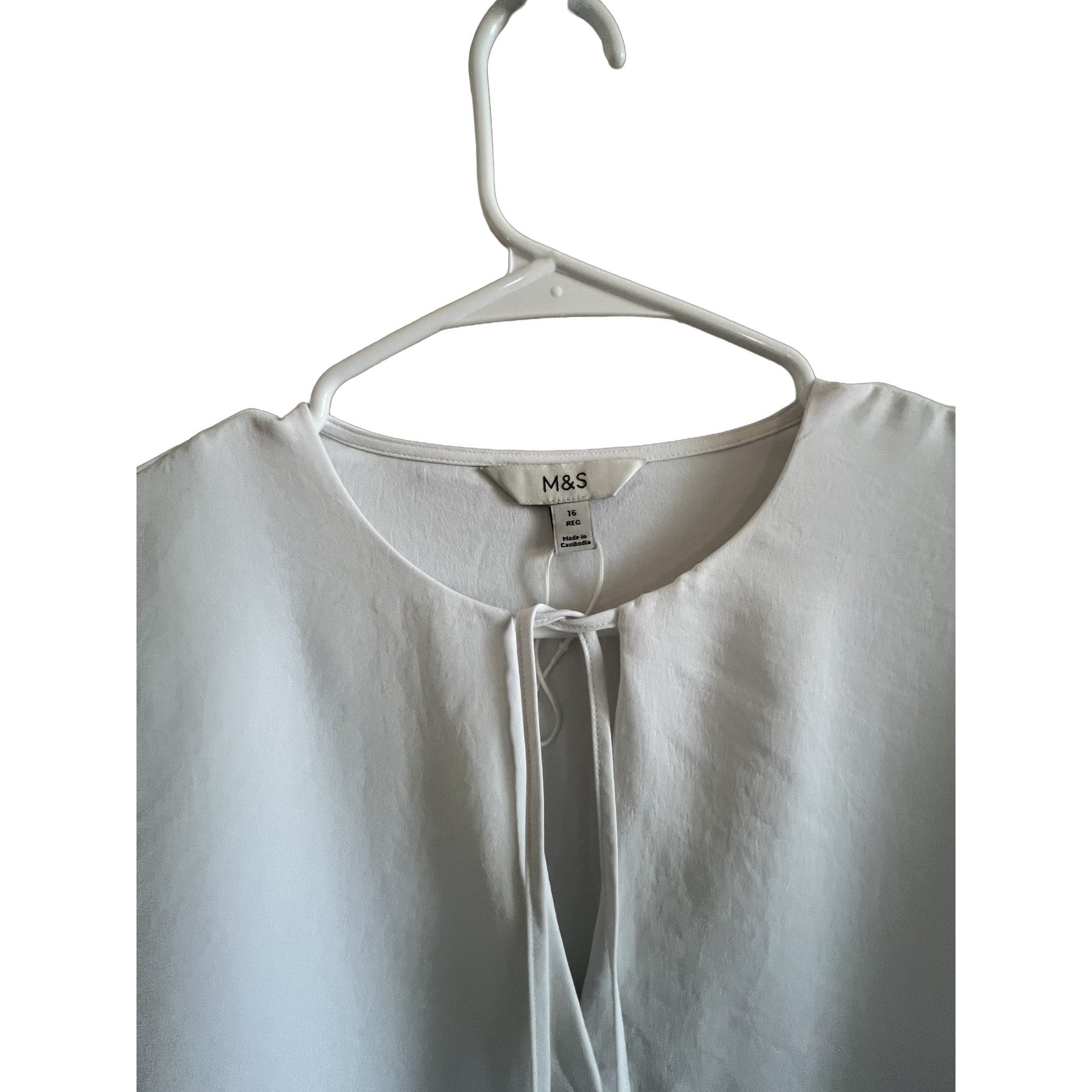 M&S White Tie-Neck Long Sleeve Blouse - Size 16