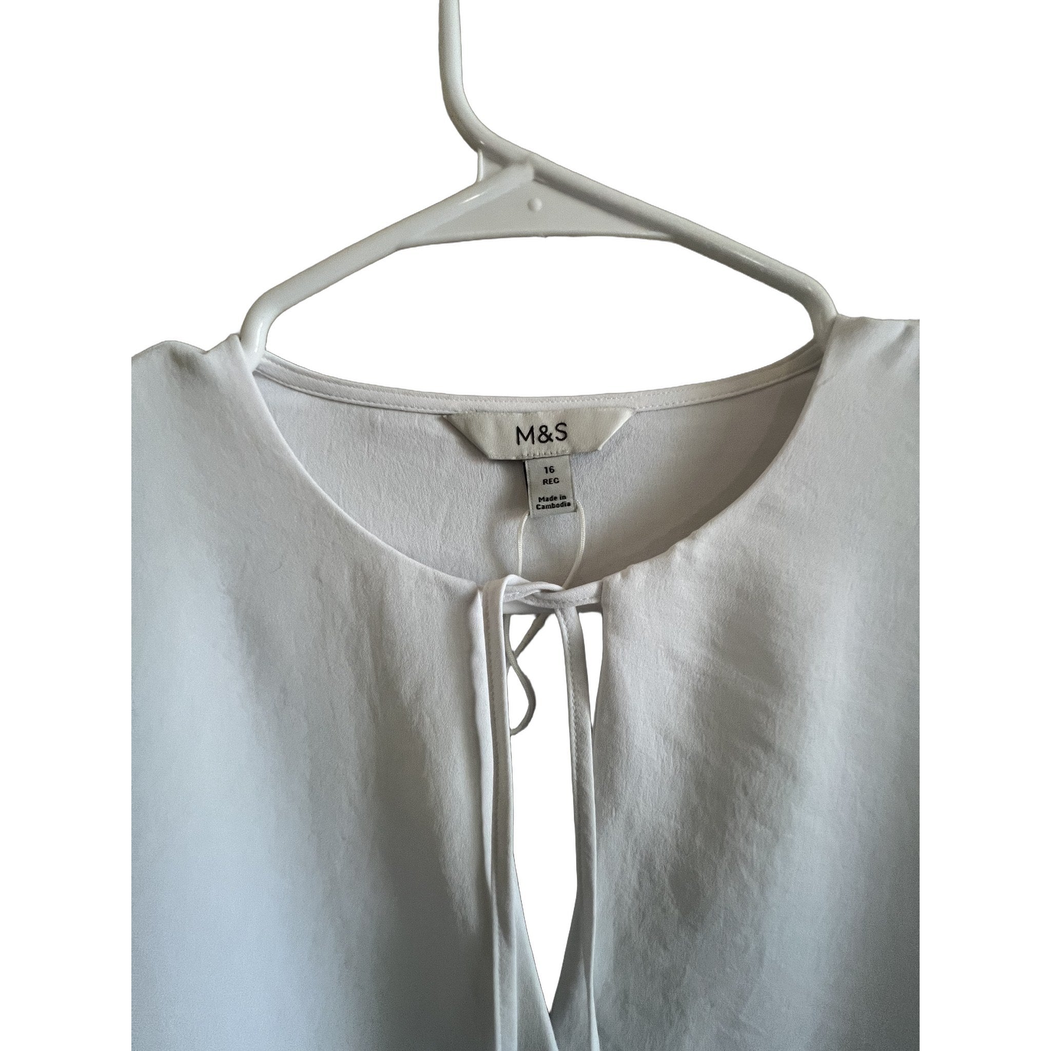 M&S White Tie-Neck Long Sleeve Blouse - Size 16