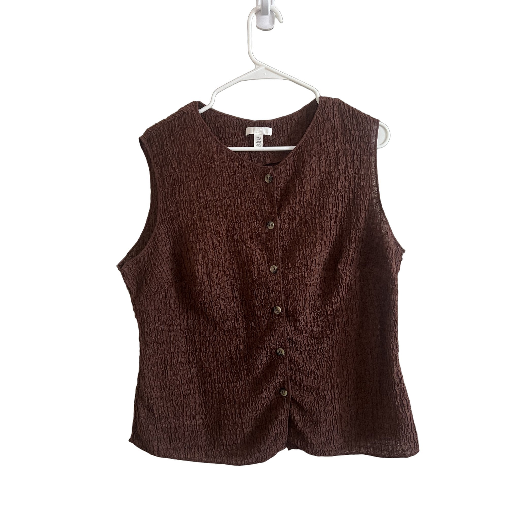 H&M Brown Textured Crinkle Sleeveless Button-Front Top Size XL