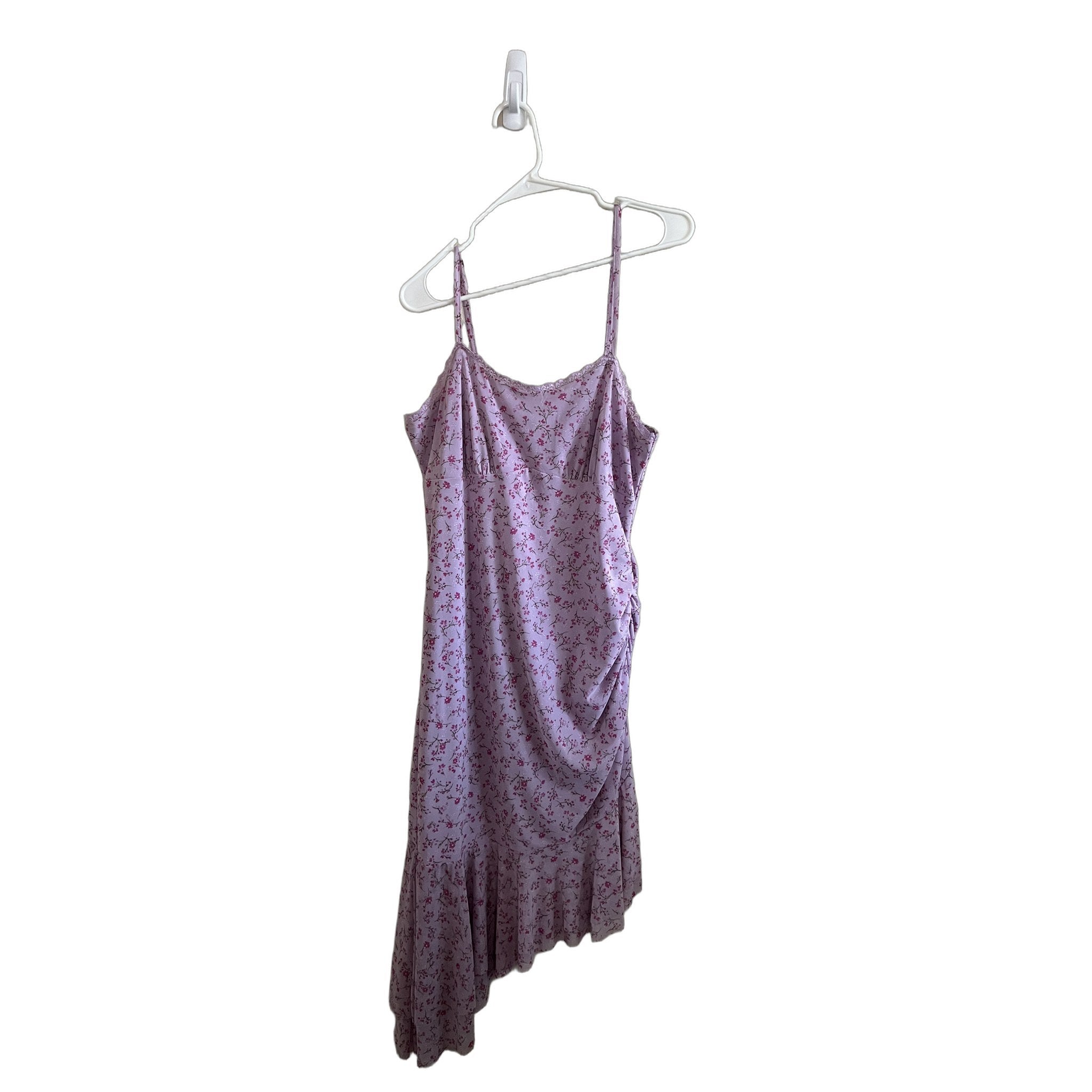 Lavender Purple Floral Print Slip Dress with Lace Trim & Asymmetric Hem