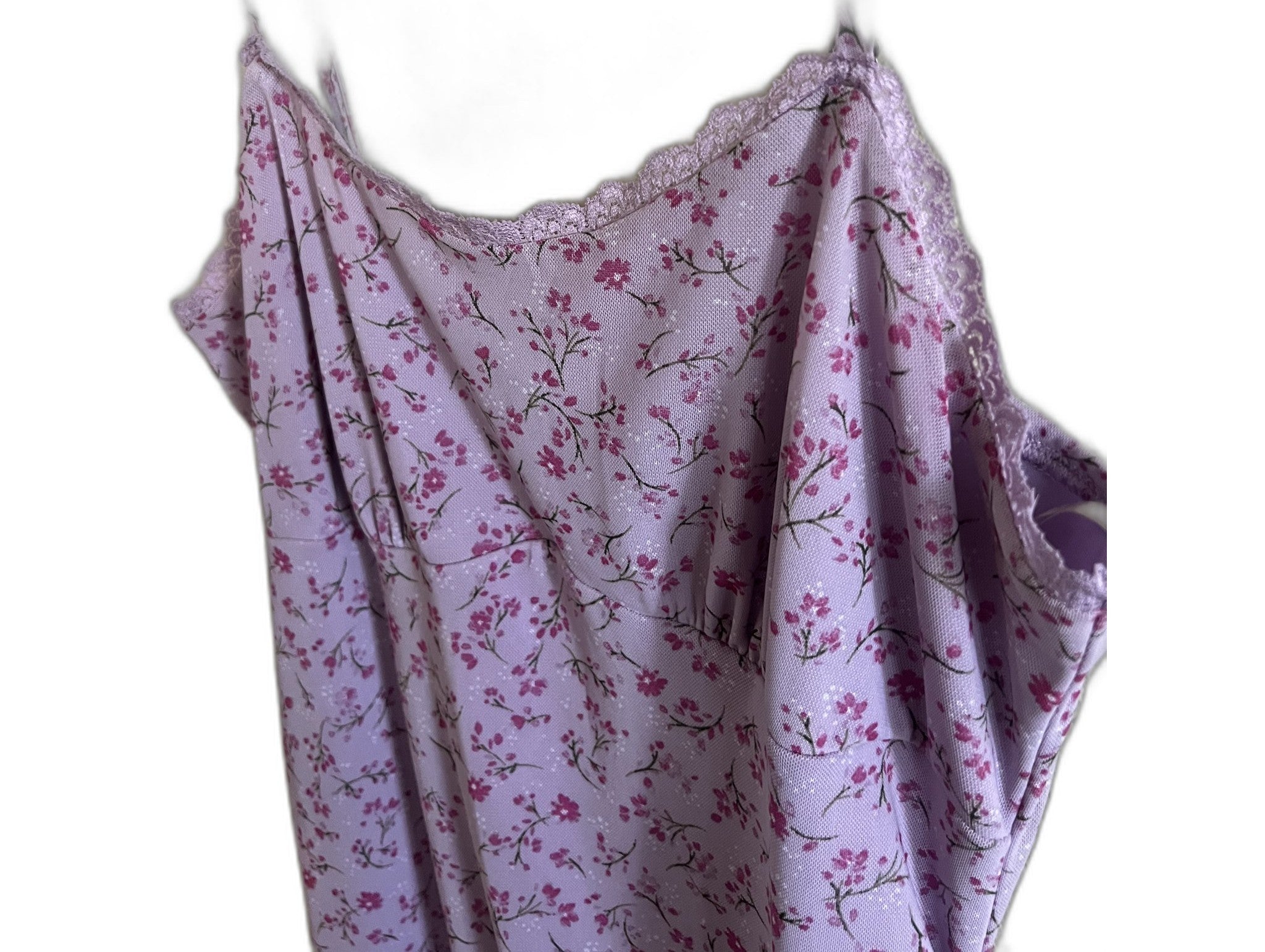 Lavender Purple Floral Print Slip Dress with Lace Trim & Asymmetric Hem