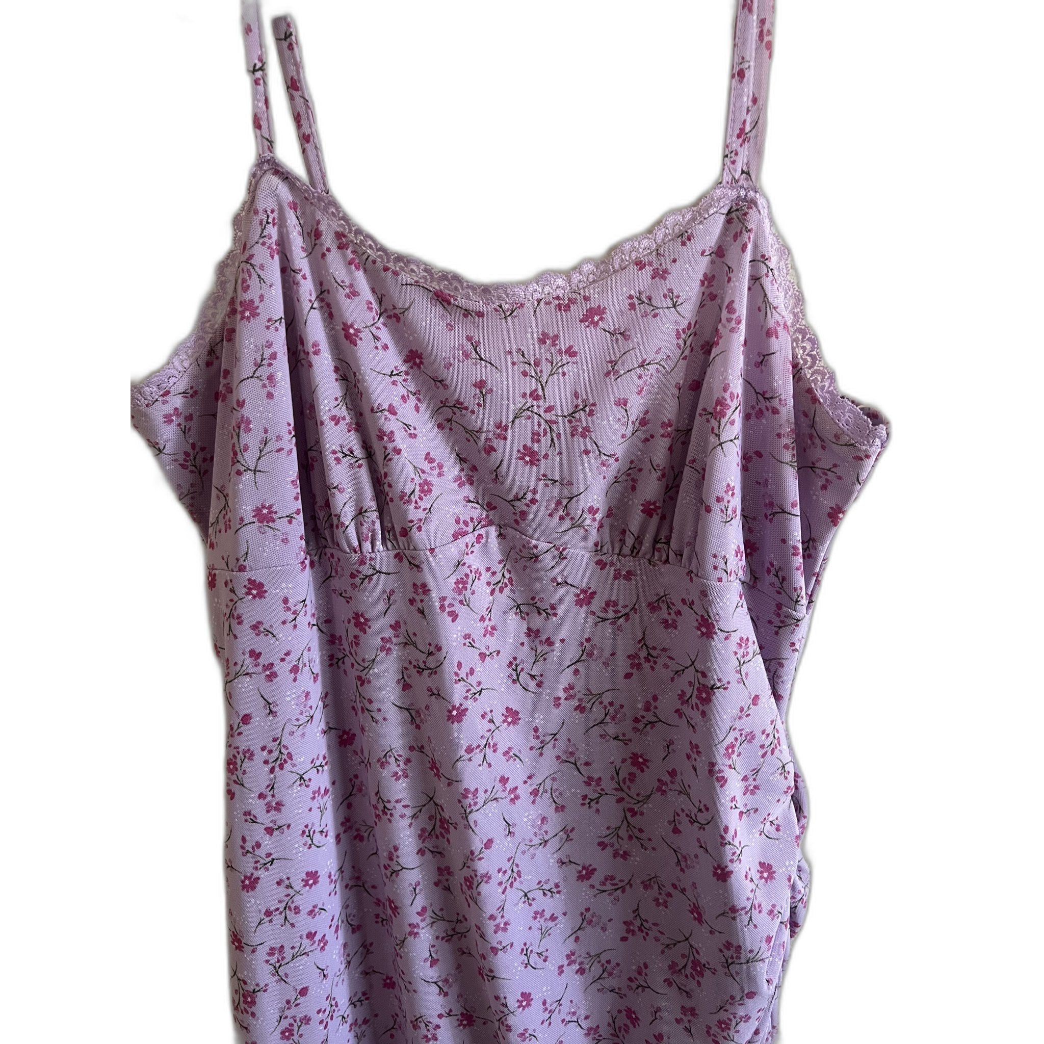 Lavender Purple Floral Print Slip Dress with Lace Trim & Asymmetric Hem