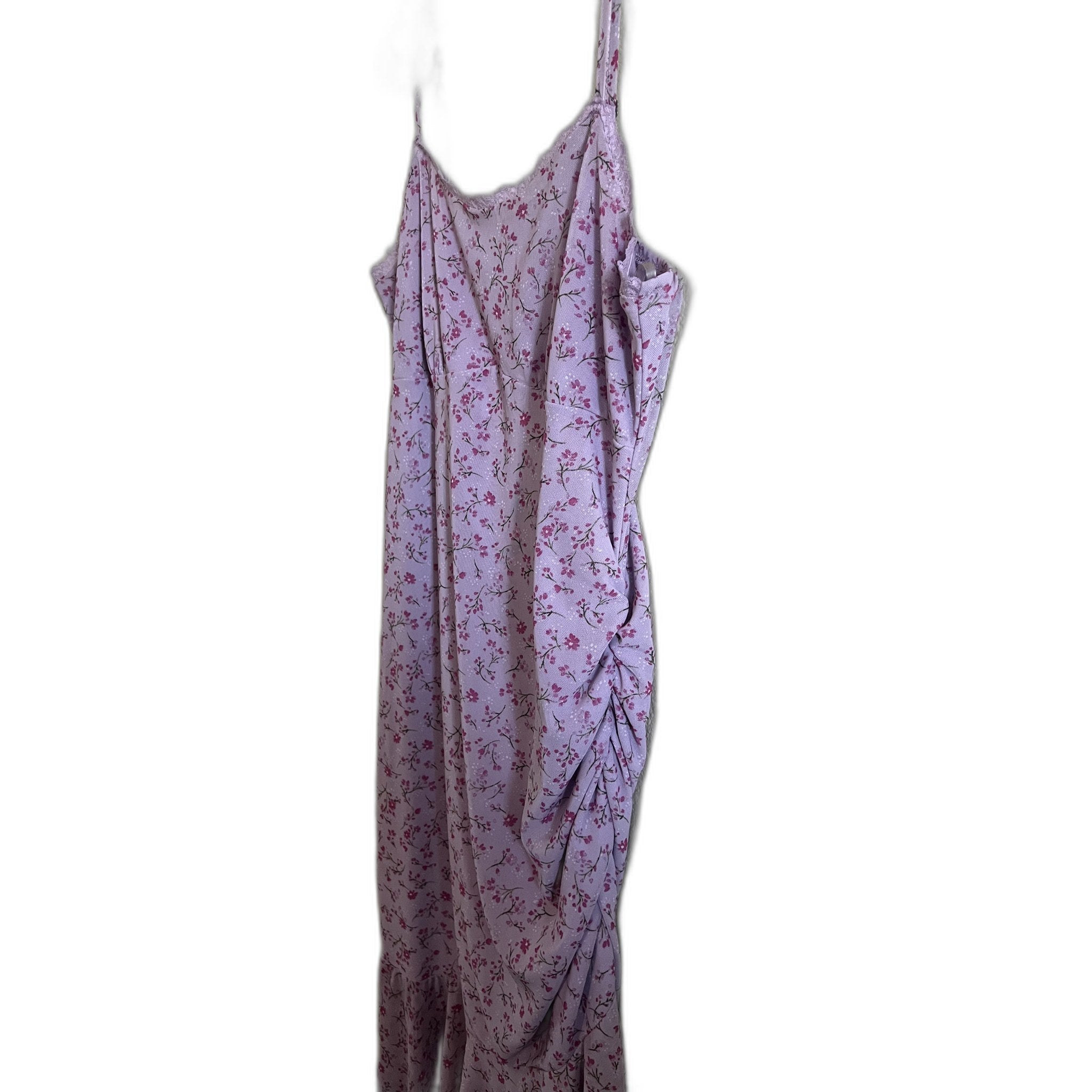 Lavender Purple Floral Print Slip Dress with Lace Trim & Asymmetric Hem