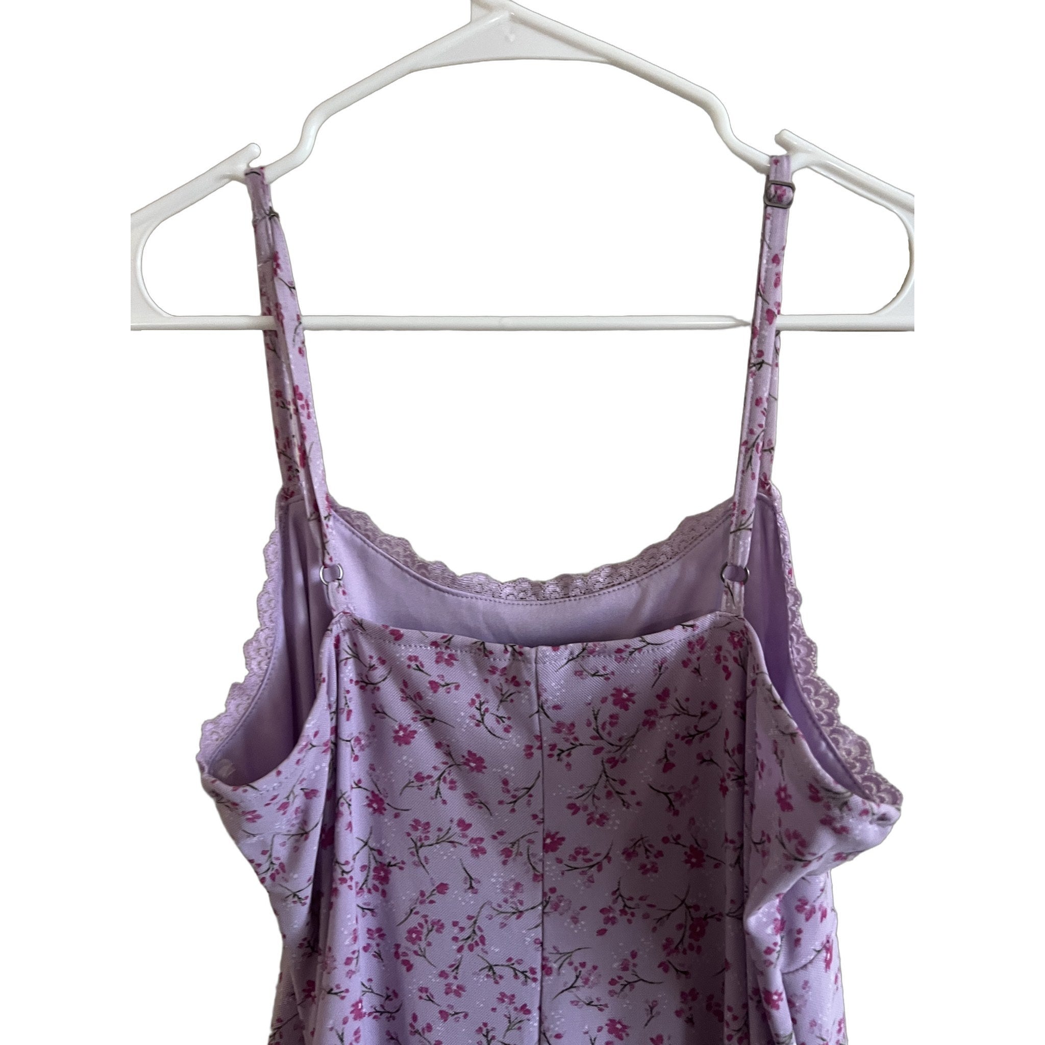 Lavender Purple Floral Print Slip Dress with Lace Trim & Asymmetric Hem