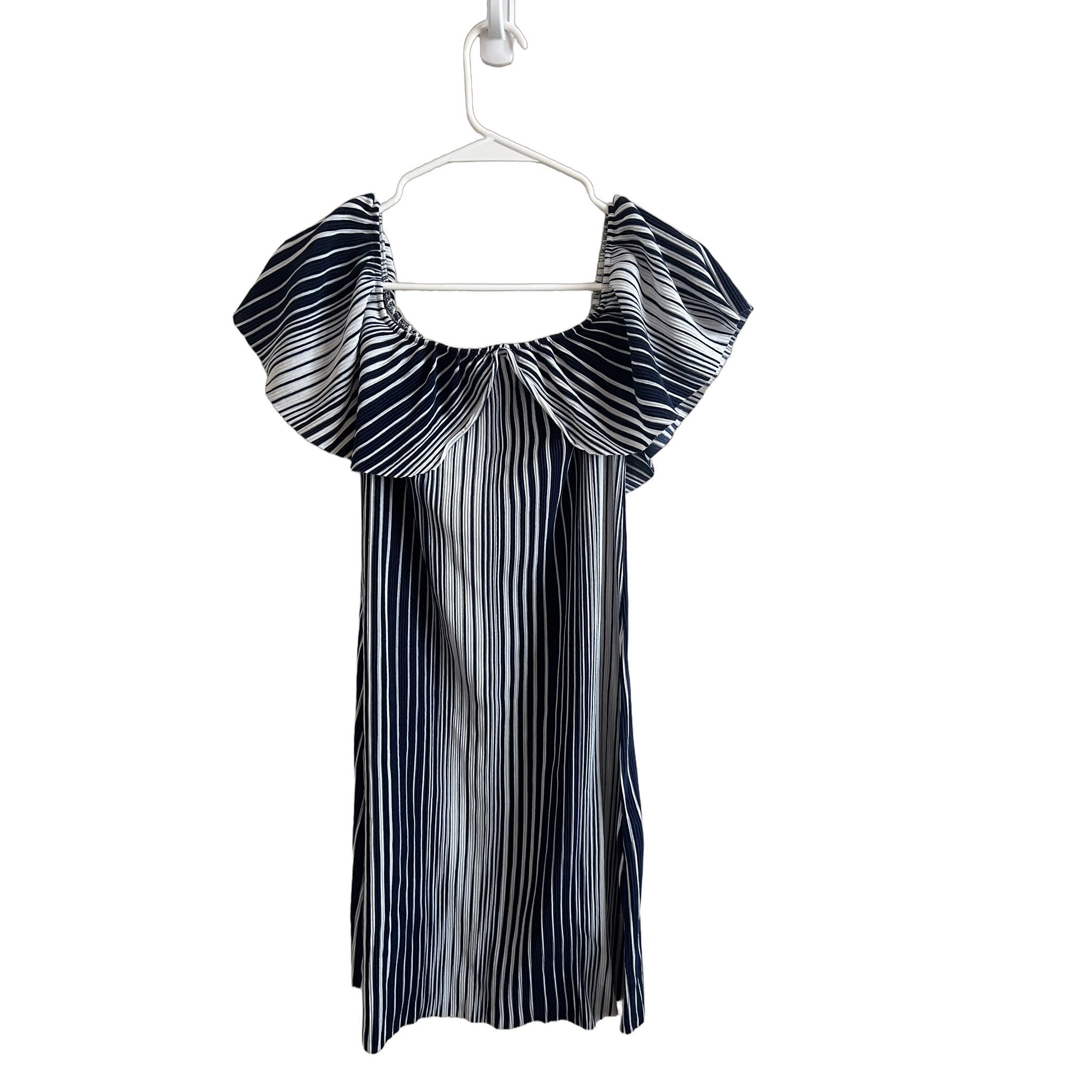 Everly Navy & White Striped Off-Shoulder Ruffle Dress - Size S