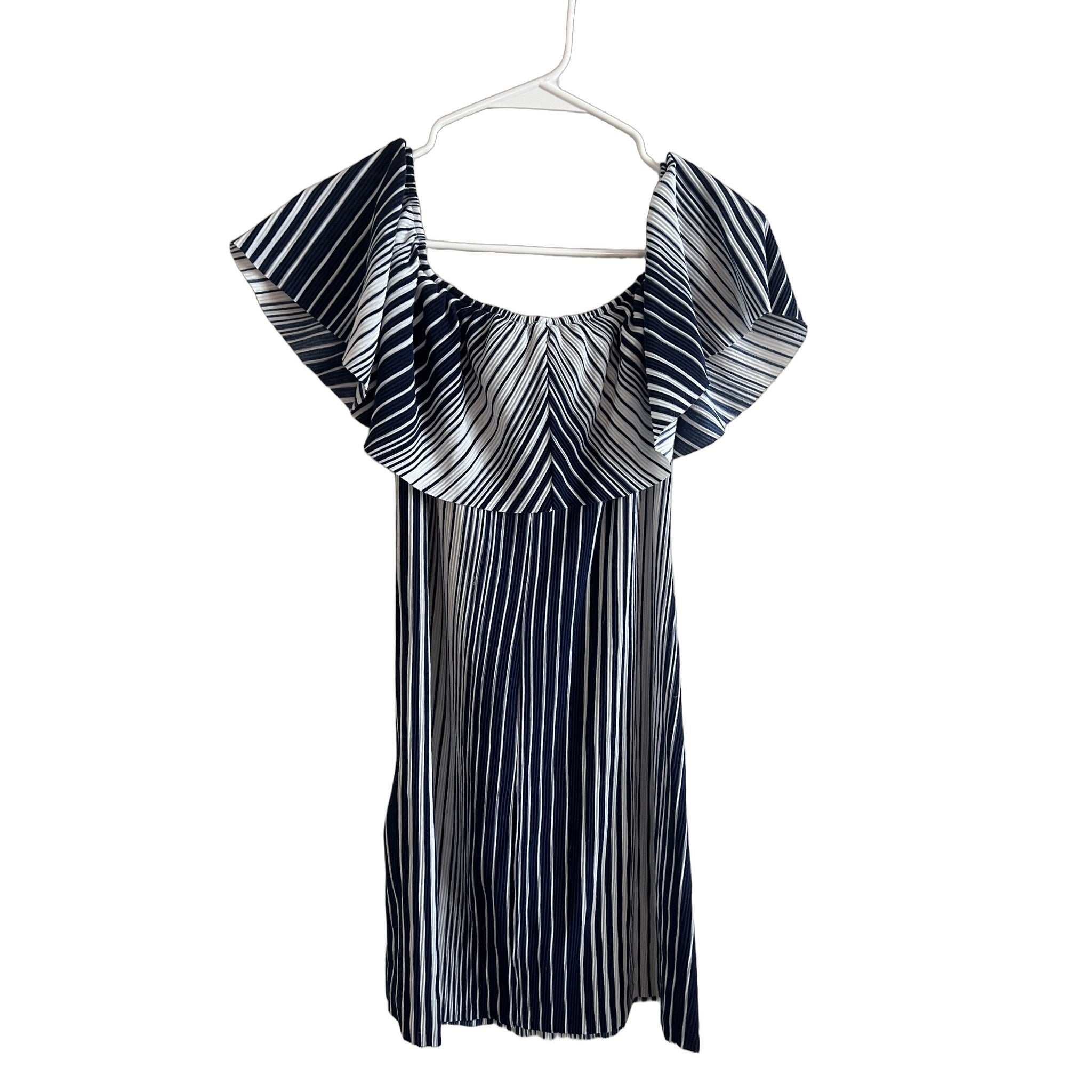 Everly Navy & White Striped Off-Shoulder Ruffle Dress - Size S
