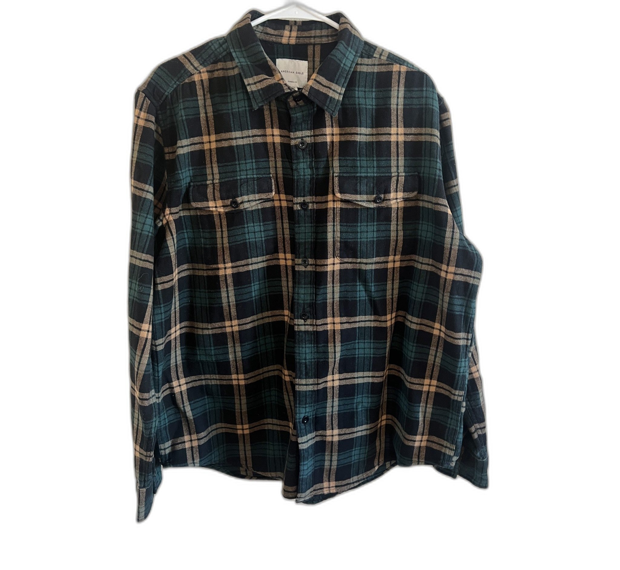 American Eagle Classic Fit Flannel Shirt - Green/Black/Tan Plaid, XL