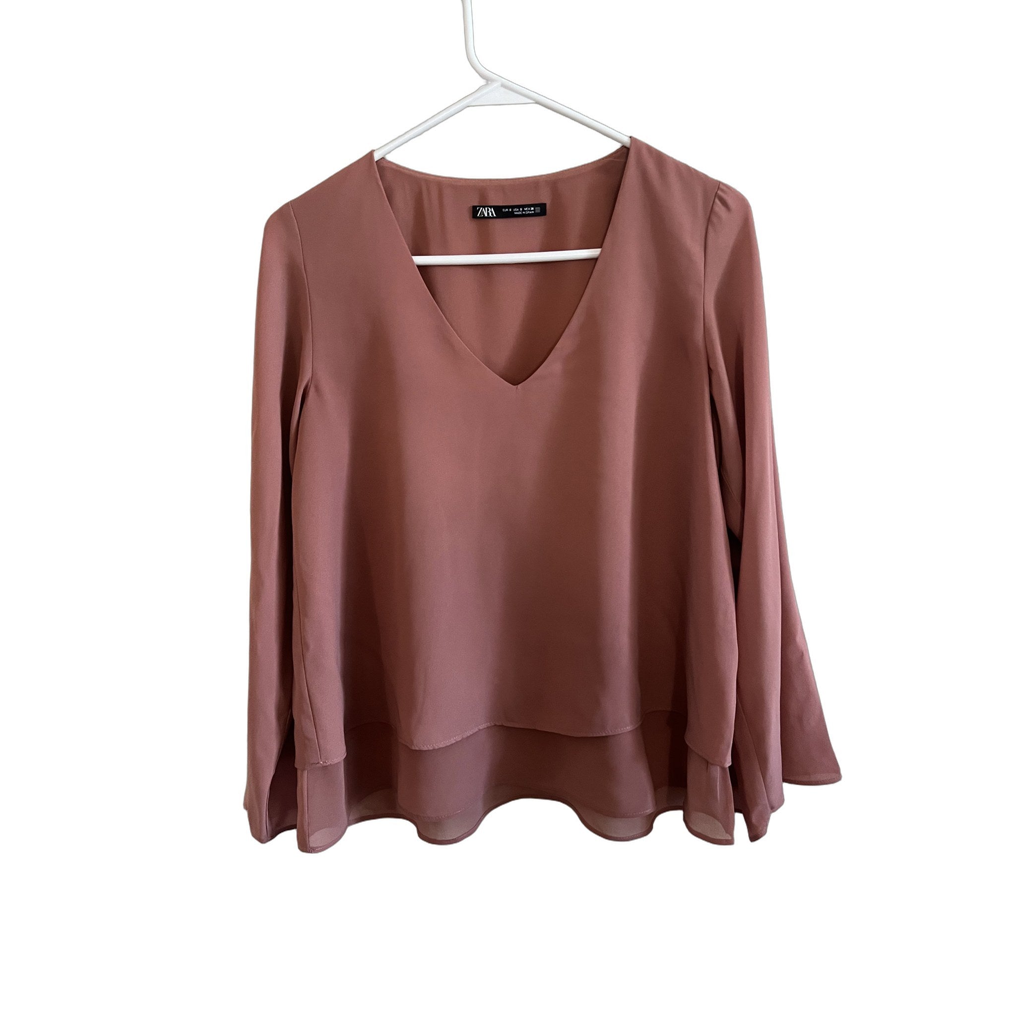 Zara Women's Dusty Rose V-Neck Bell Sleeve Blouse Size S