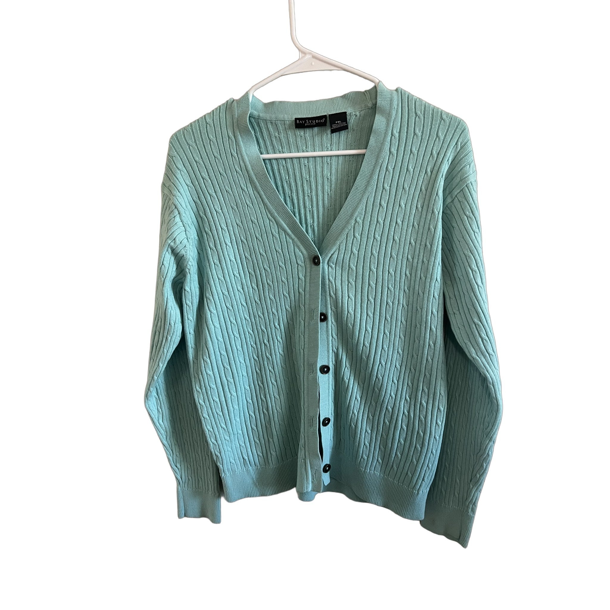 Bay Studio Petite Mint Green Cable Knit Button Cardigan Sweater PXL
