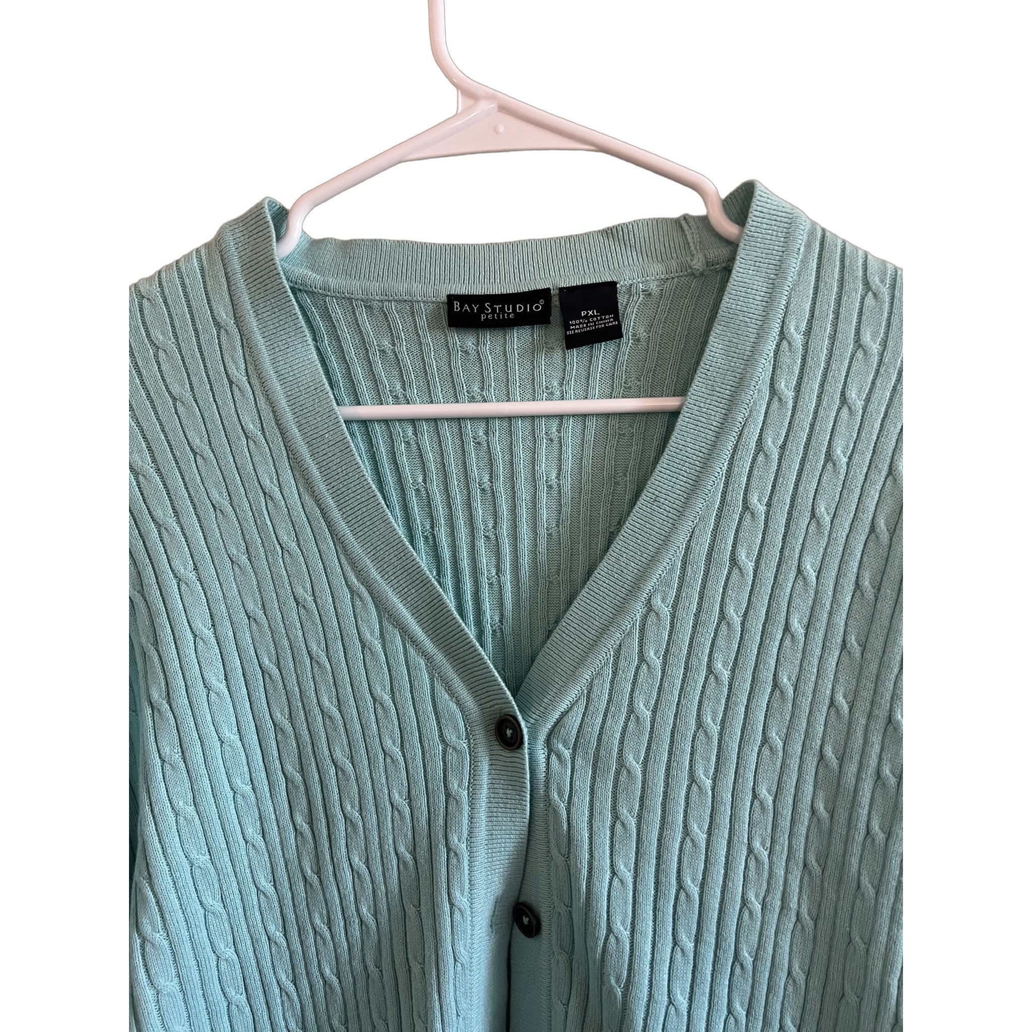 Bay Studio Petite Mint Green Cable Knit Button Cardigan Sweater PXL