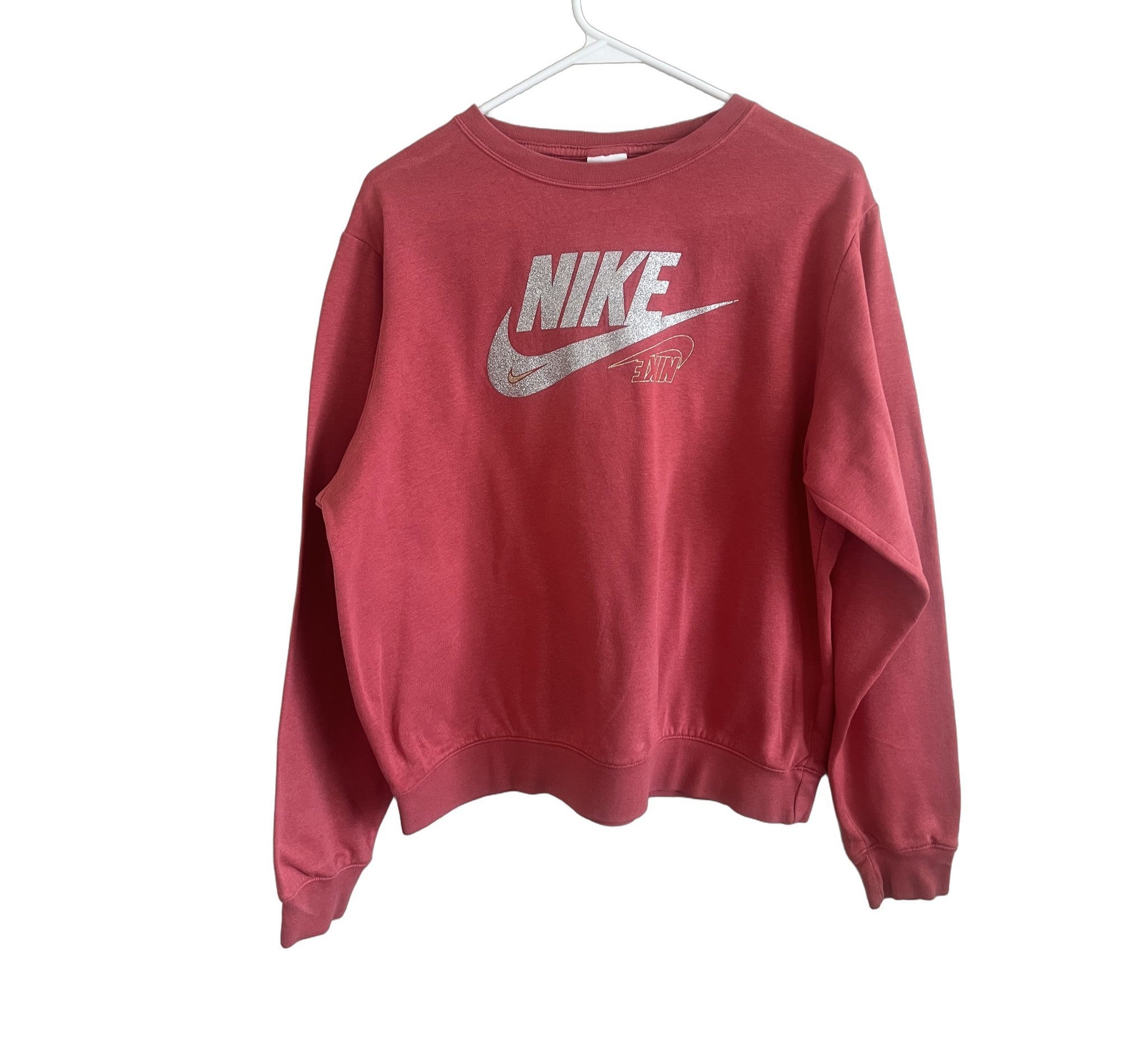 Nike Sportswear Crewneck Sweatshirt Coral Pink Glitter Logo Size S