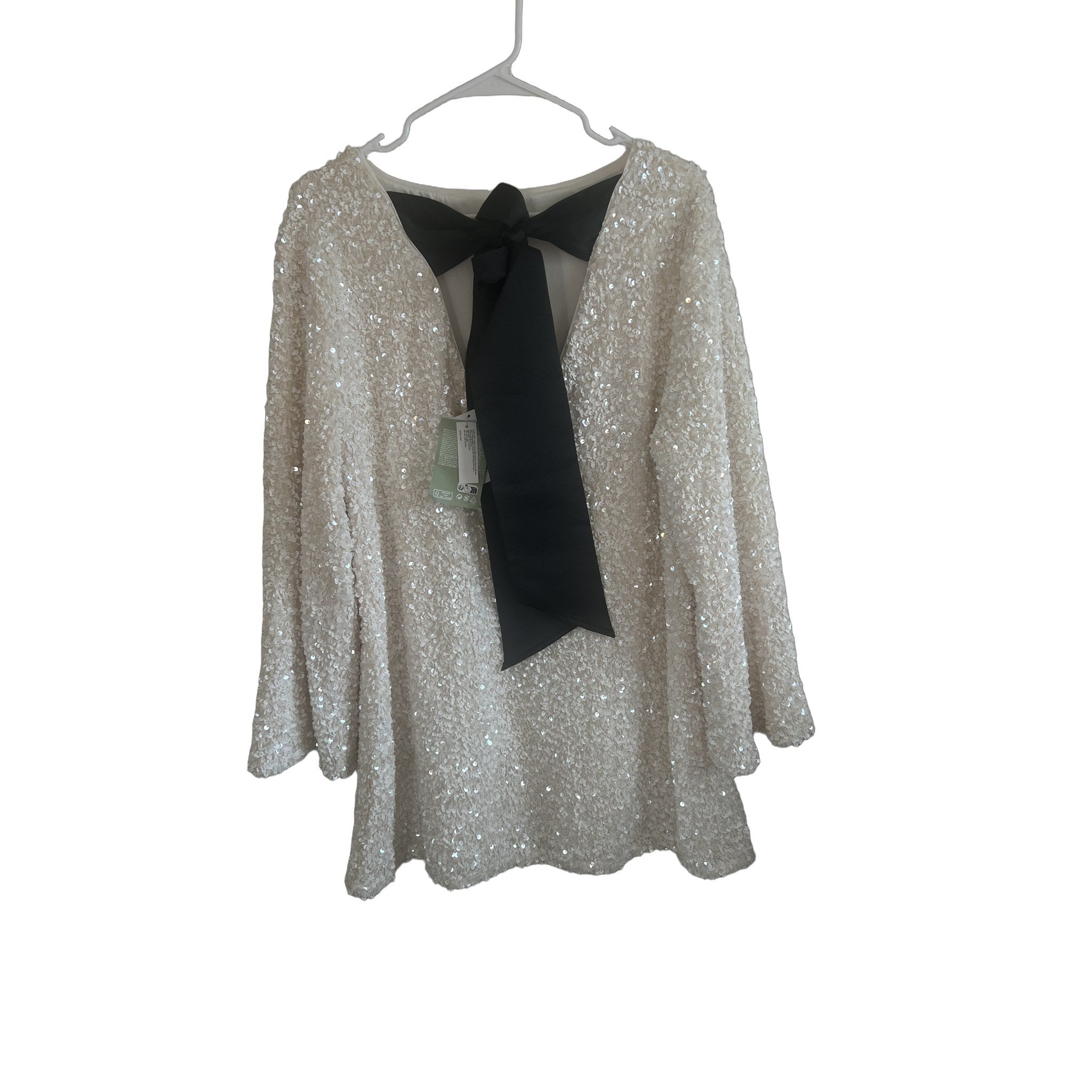 H&M White Sequin Long Sleeve Top with Black Bow Tie Back - Size L NWT