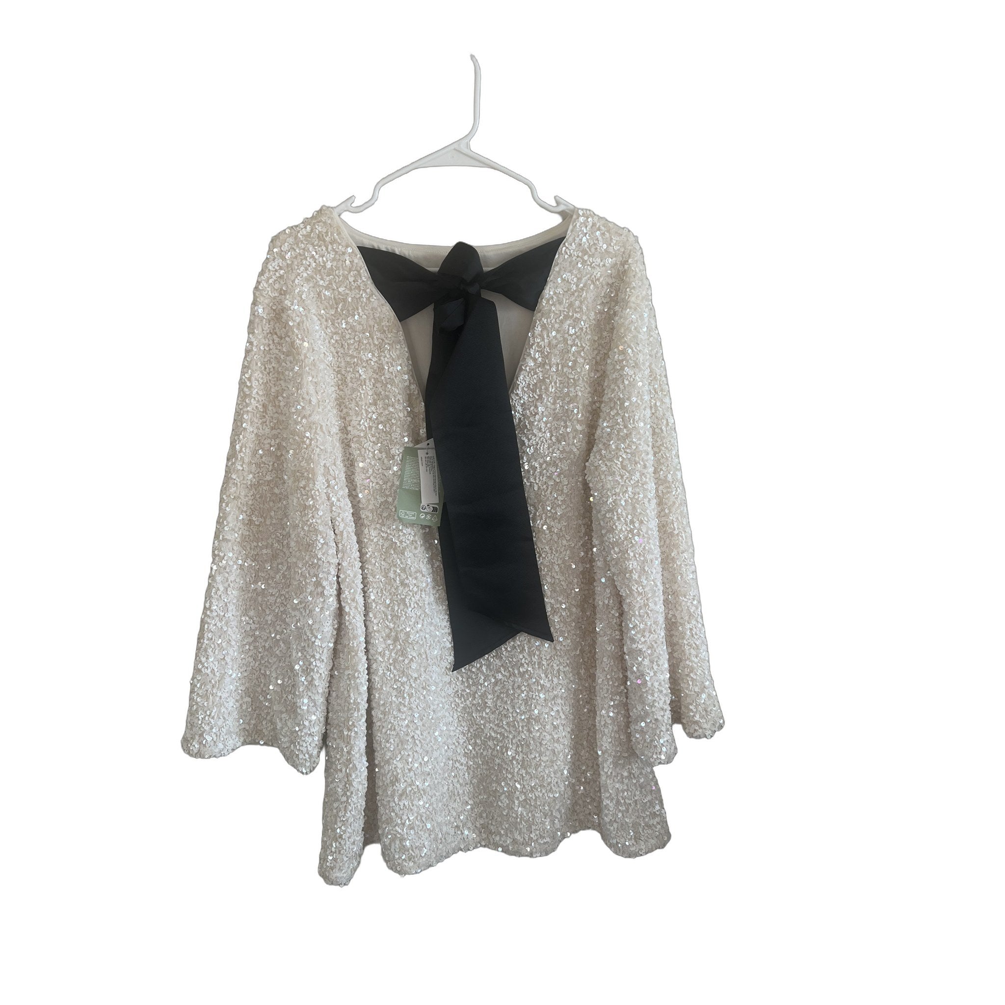 H&M White Sequin Long Sleeve Top with Black Bow Tie Back - Size L NWT