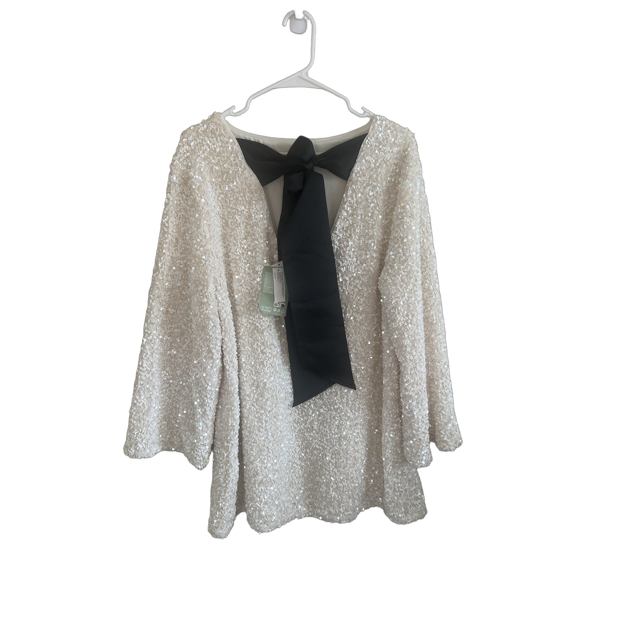 H&M White Sequin Long Sleeve Top with Black Bow Tie Back - Size L NWT