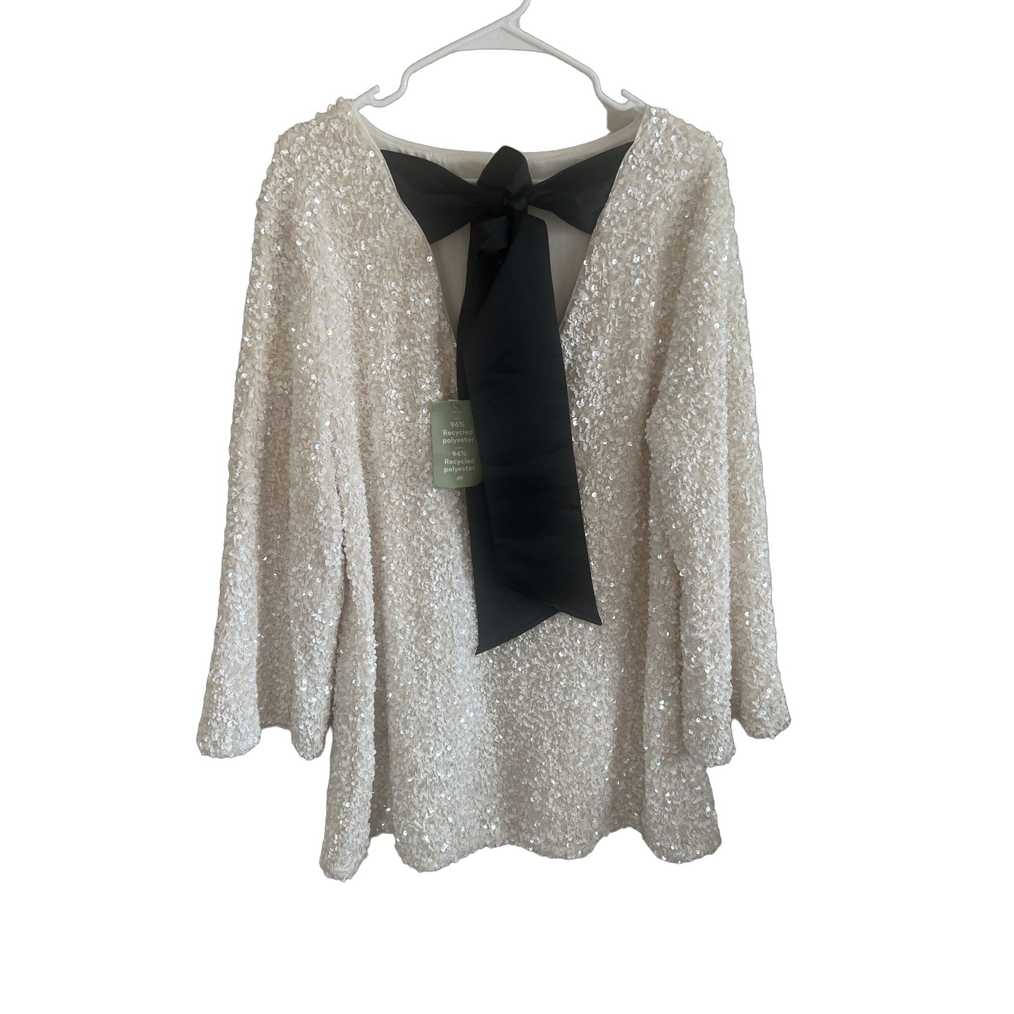 H&M White Sequin Long Sleeve Top with Black Bow Tie Back - Size L NWT